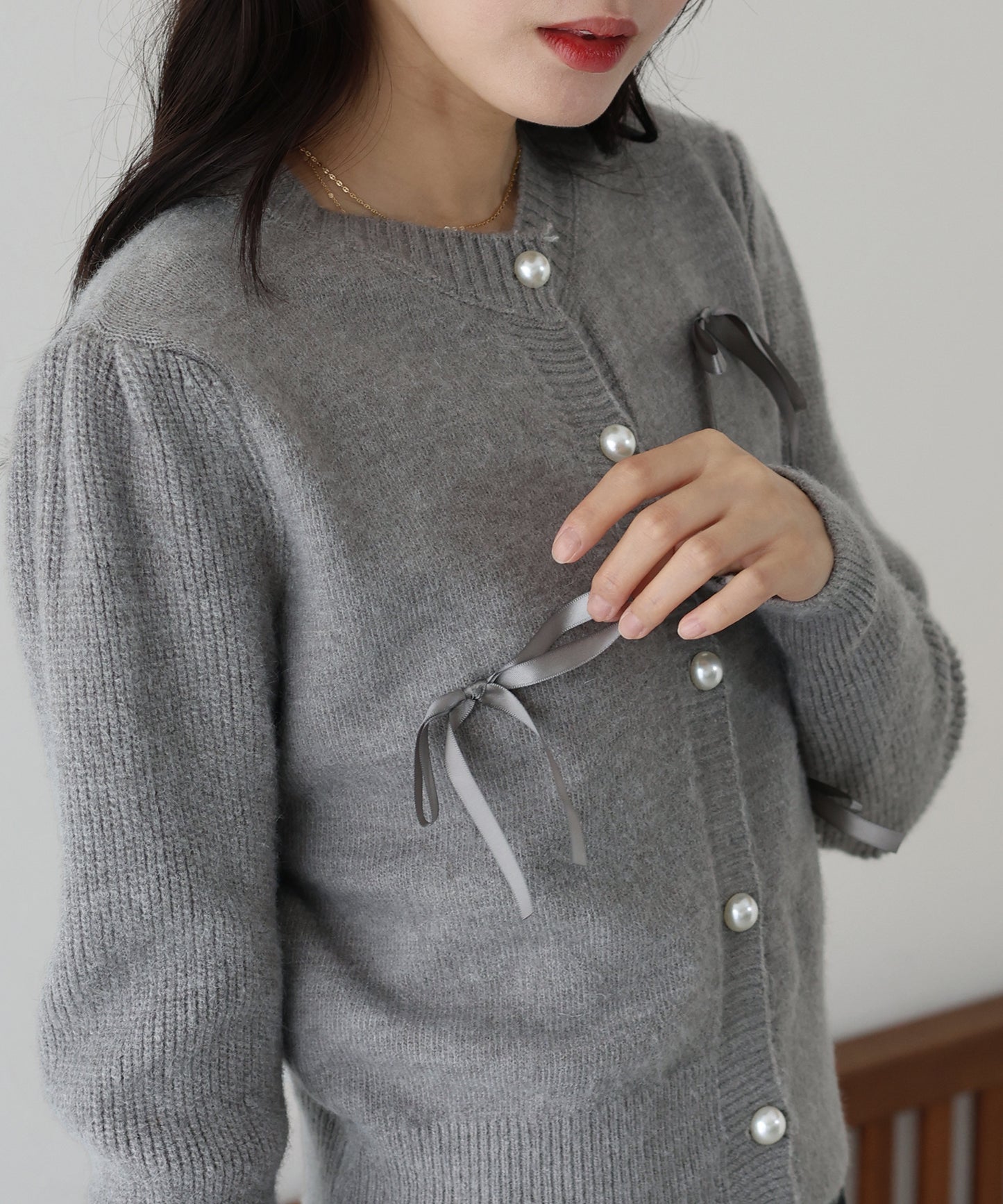 【SALE】リボン付きパールボタンカーディガン