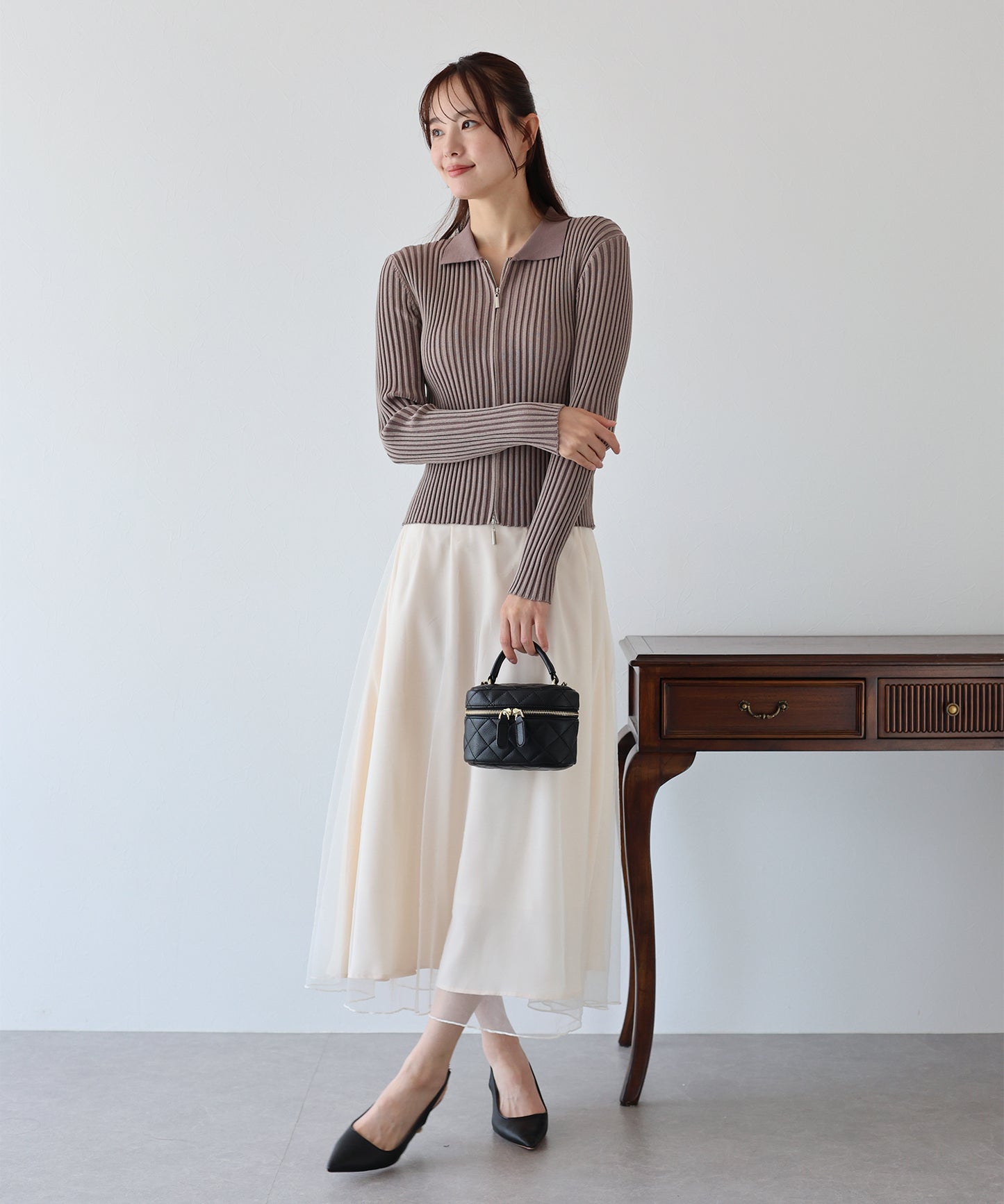 【SALE】バイカラーポロ襟Wジップカーディガン