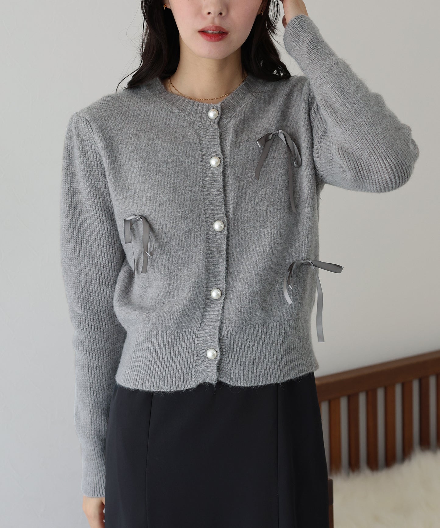 【SALE】リボン付きパールボタンカーディガン