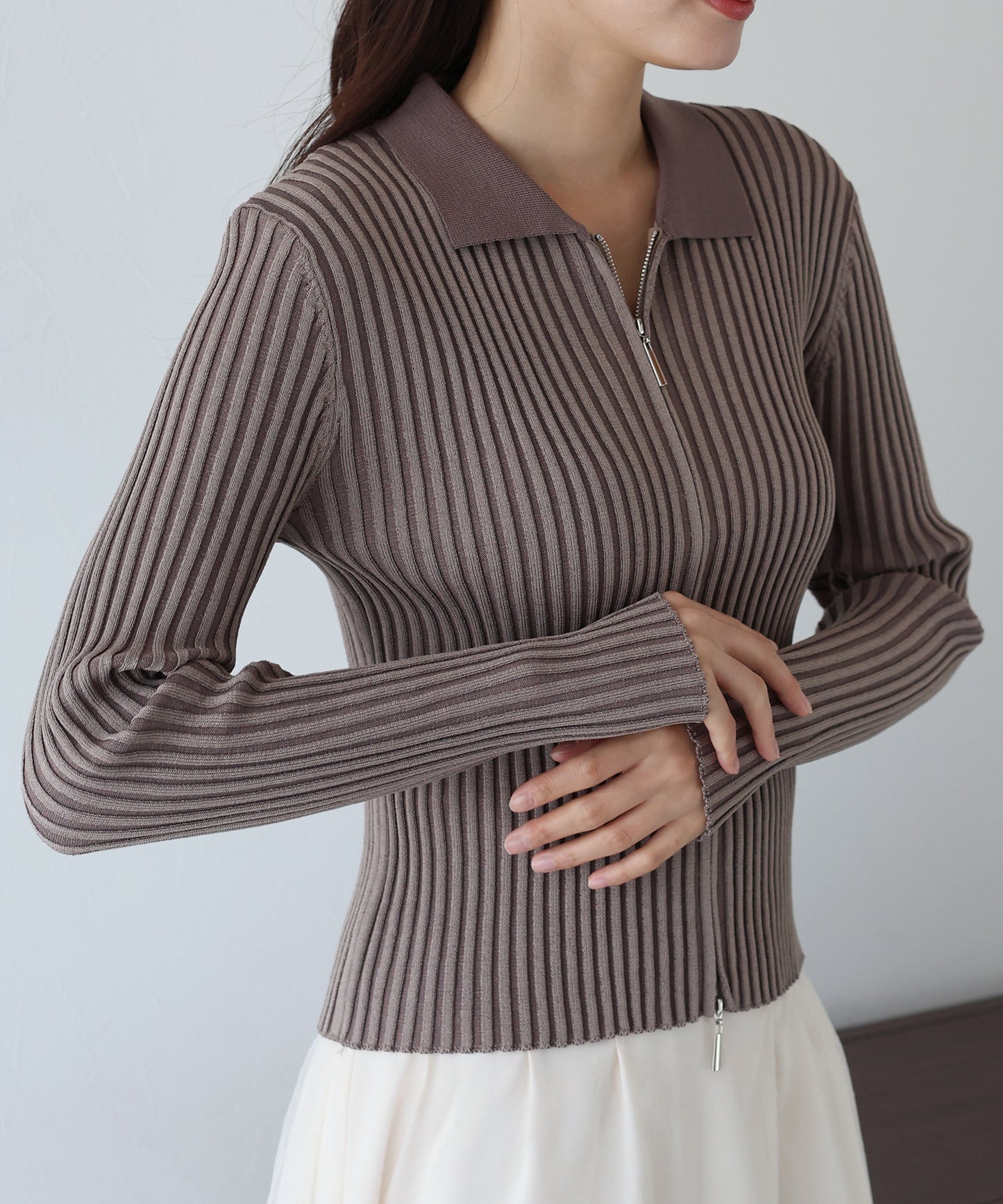 【SALE】バイカラーポロ襟Wジップカーディガン