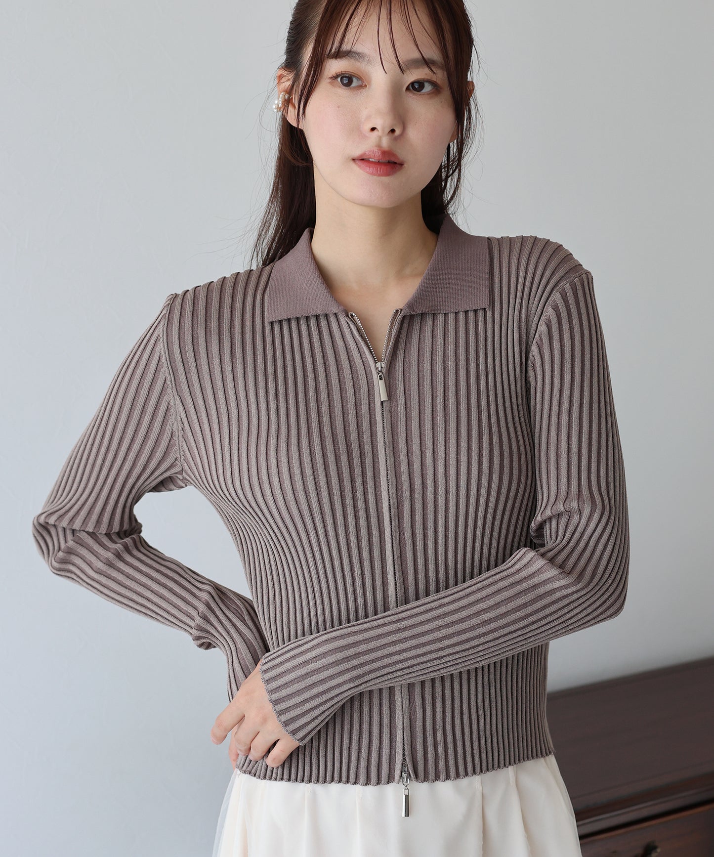 【SALE】バイカラーポロ襟Wジップカーディガン