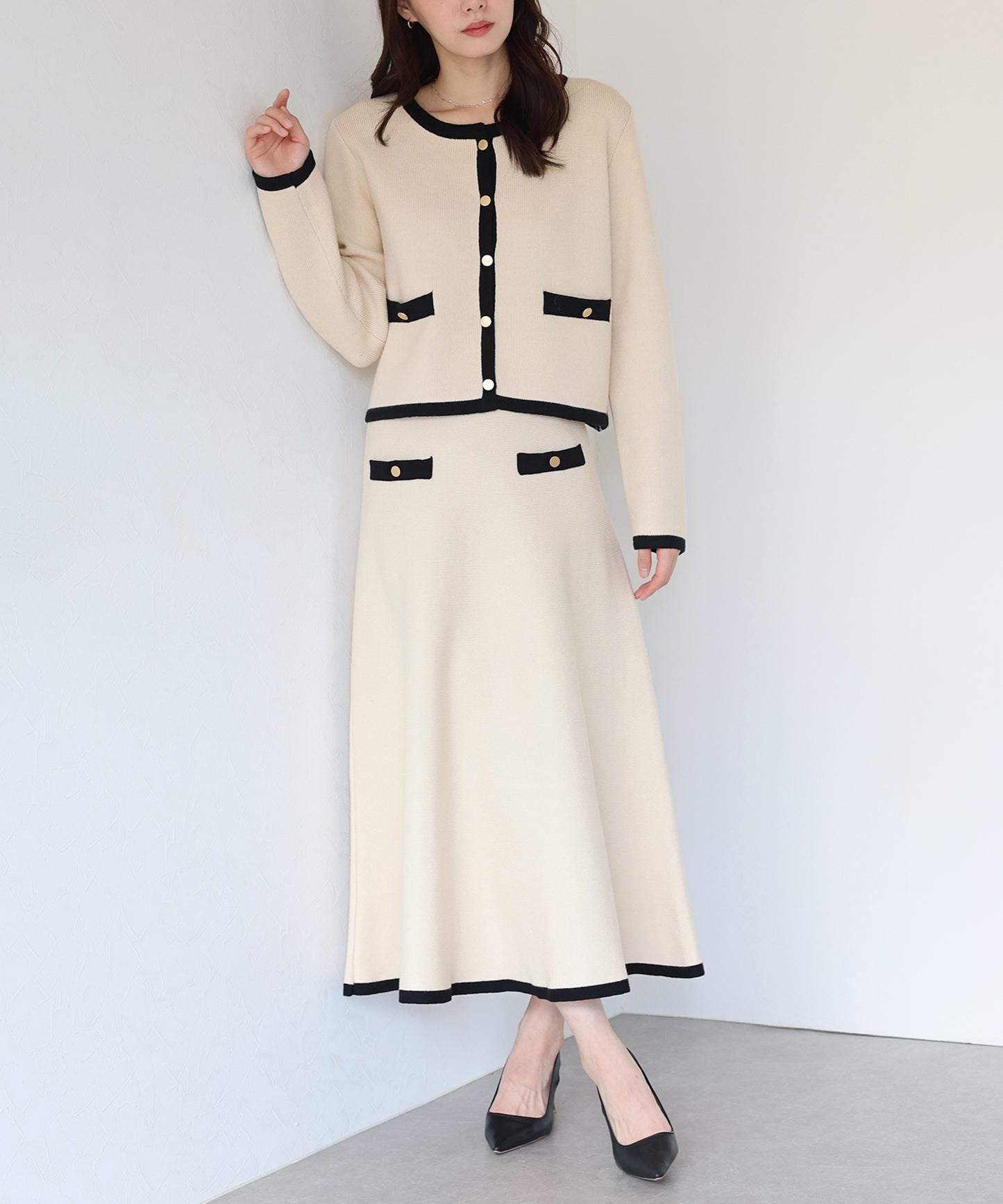 【早割5%OFF】金ボタンバイカラーニットスカート
