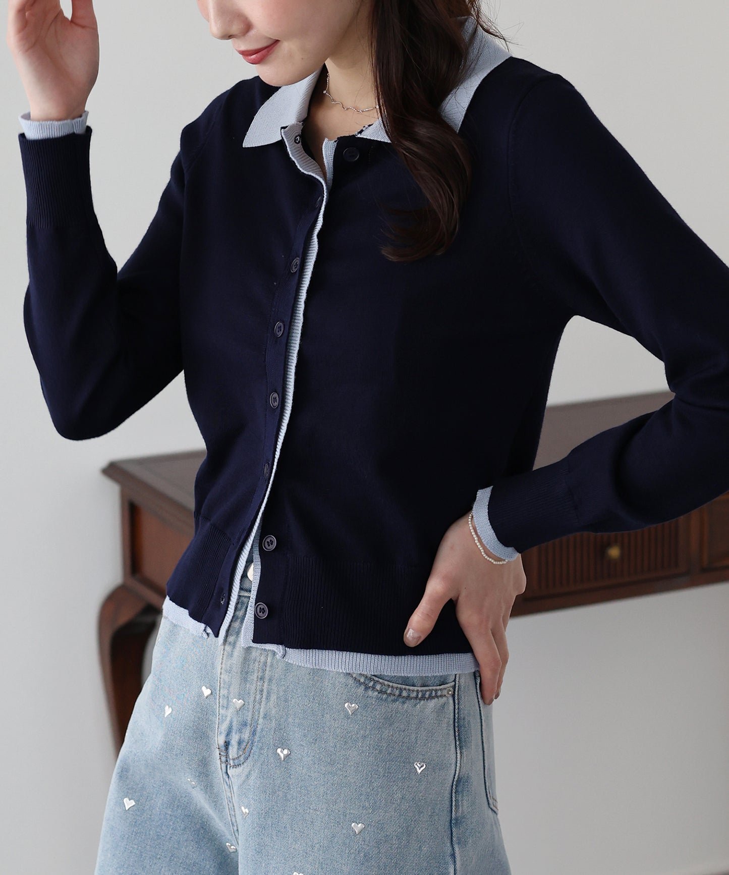 【早割5%OFF】レイヤードポロ襟カーディガン