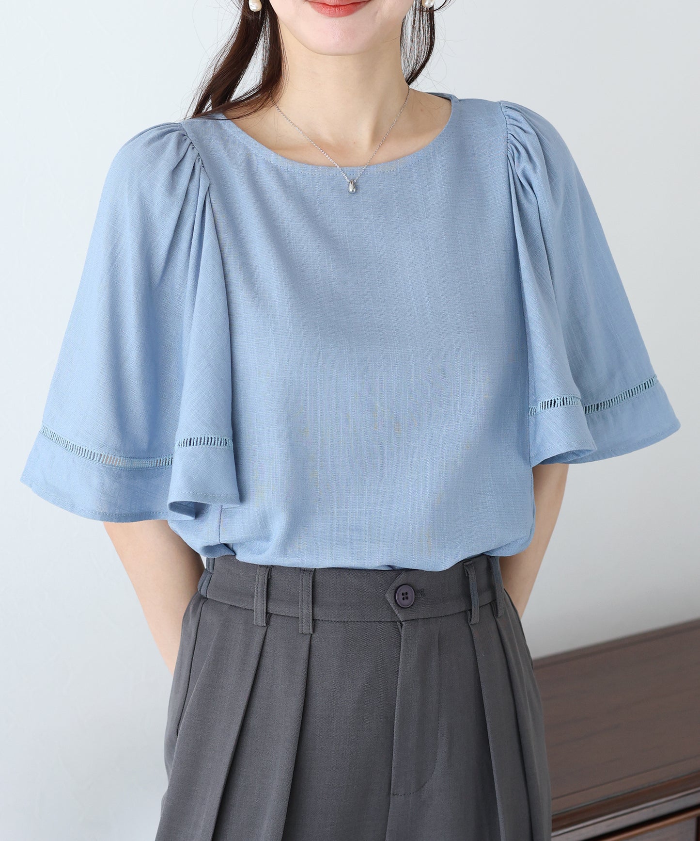 【SALE】ケープ袖リネンブラウス【ネコポス】