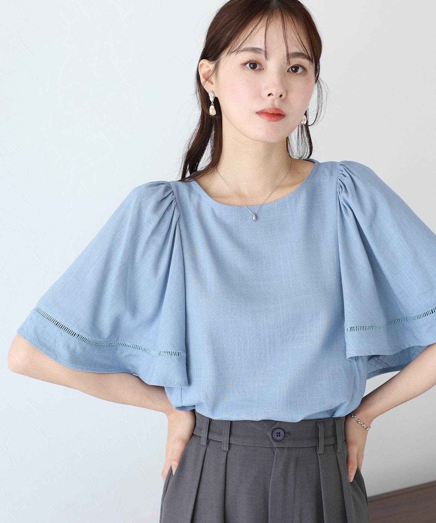 【SALE】ケープ袖リネンブラウス【ネコポス】