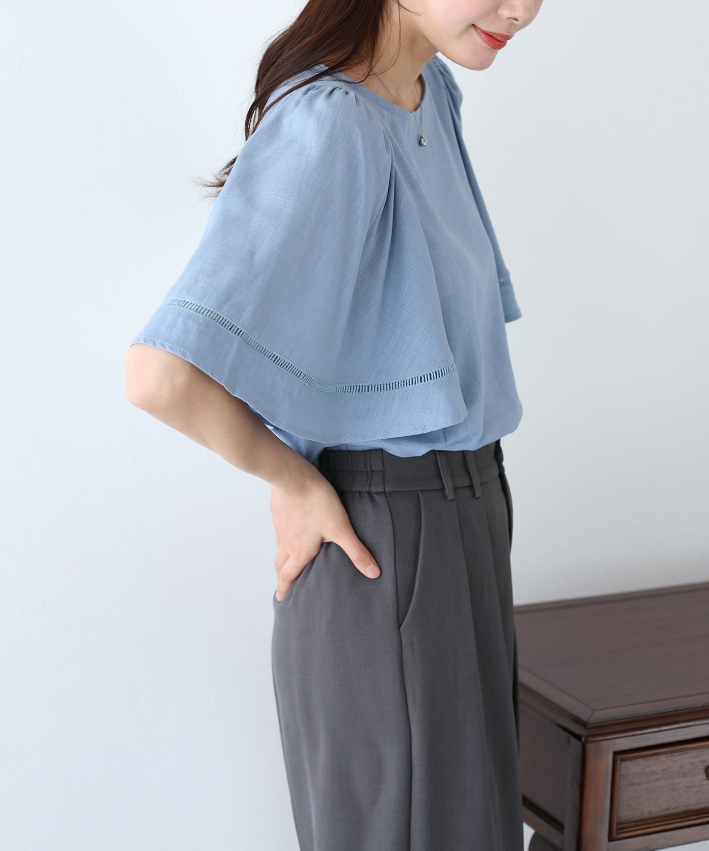 【SALE】ケープ袖リネンブラウス【ネコポス】