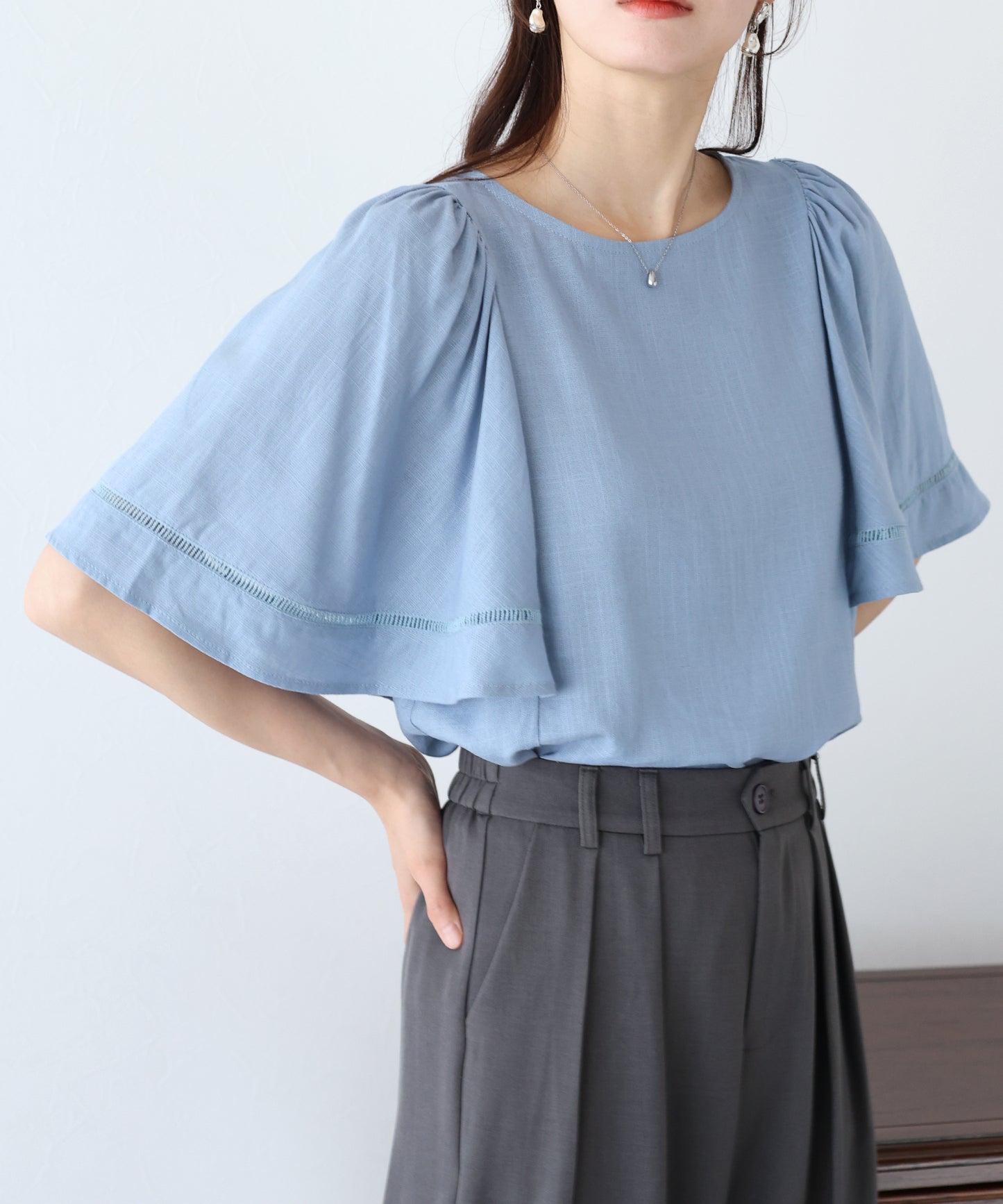 【SALE】ケープ袖リネンブラウス【ネコポス】