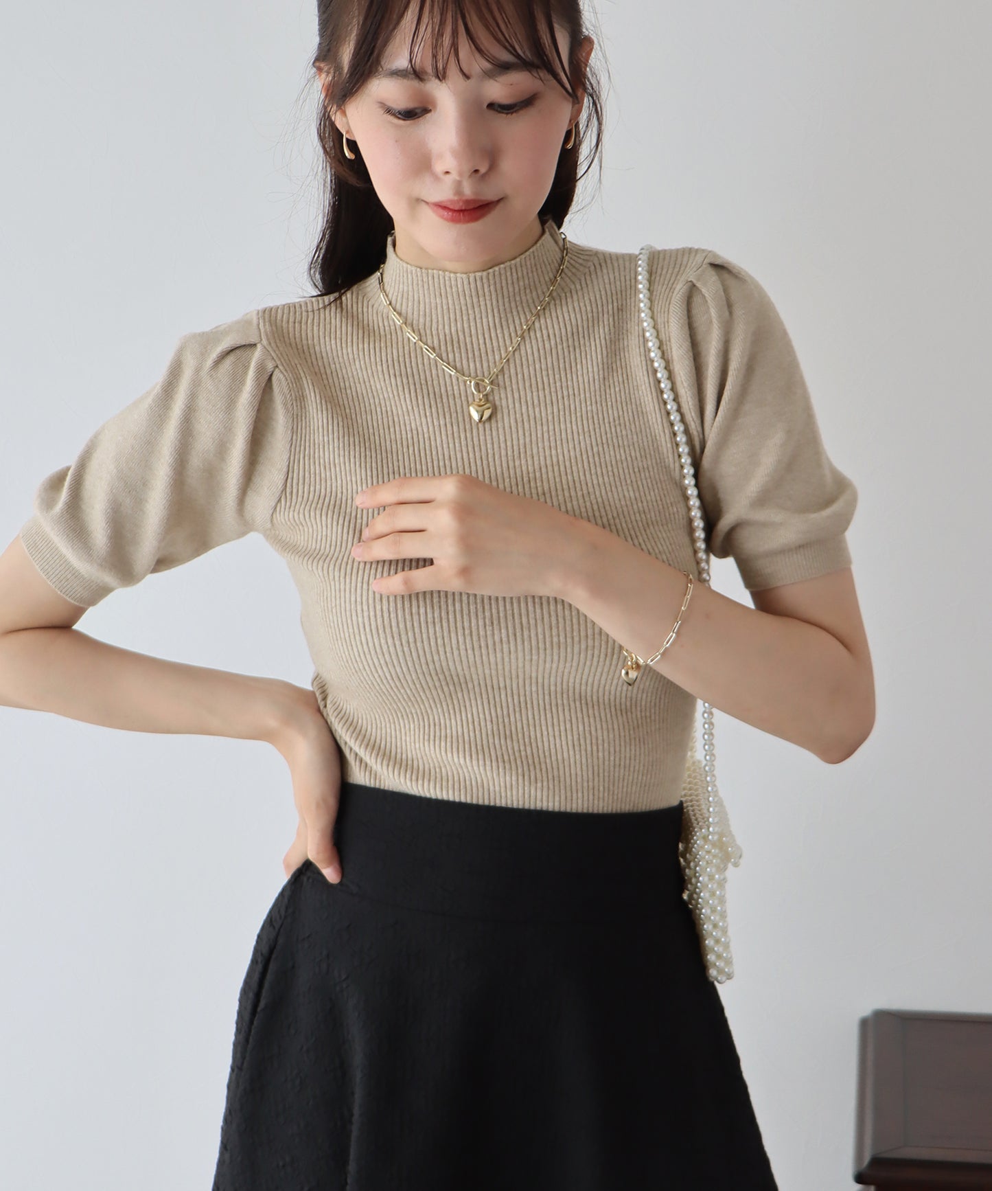 【SALE】パフスリーブ半袖なめらかニット【ネコポス】