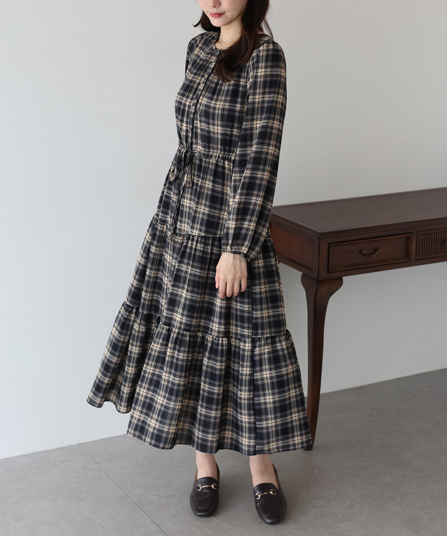 【早割5%OFF】チェック長袖ワンピース