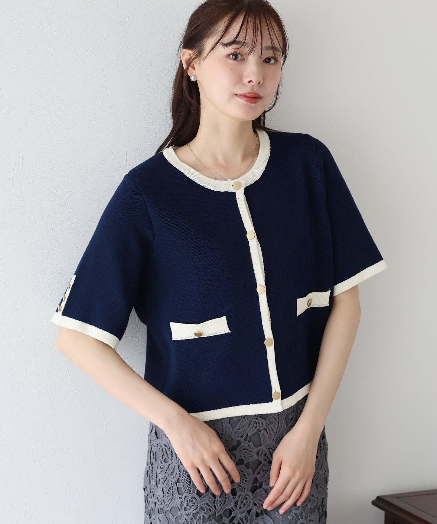【TIME SALE】金ボタン半袖ニットジャケット