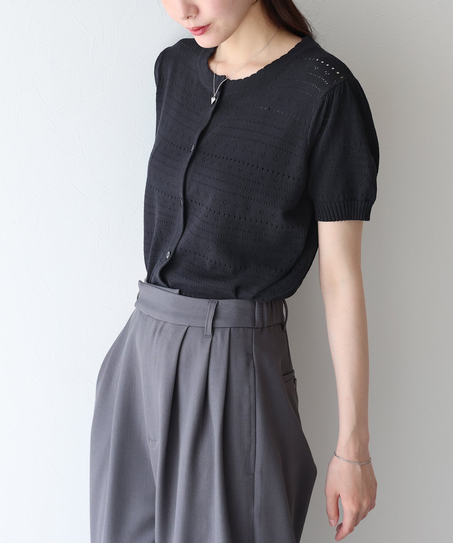 【SALE】透かし編み半袖ニットカーディガン【ネコポス】