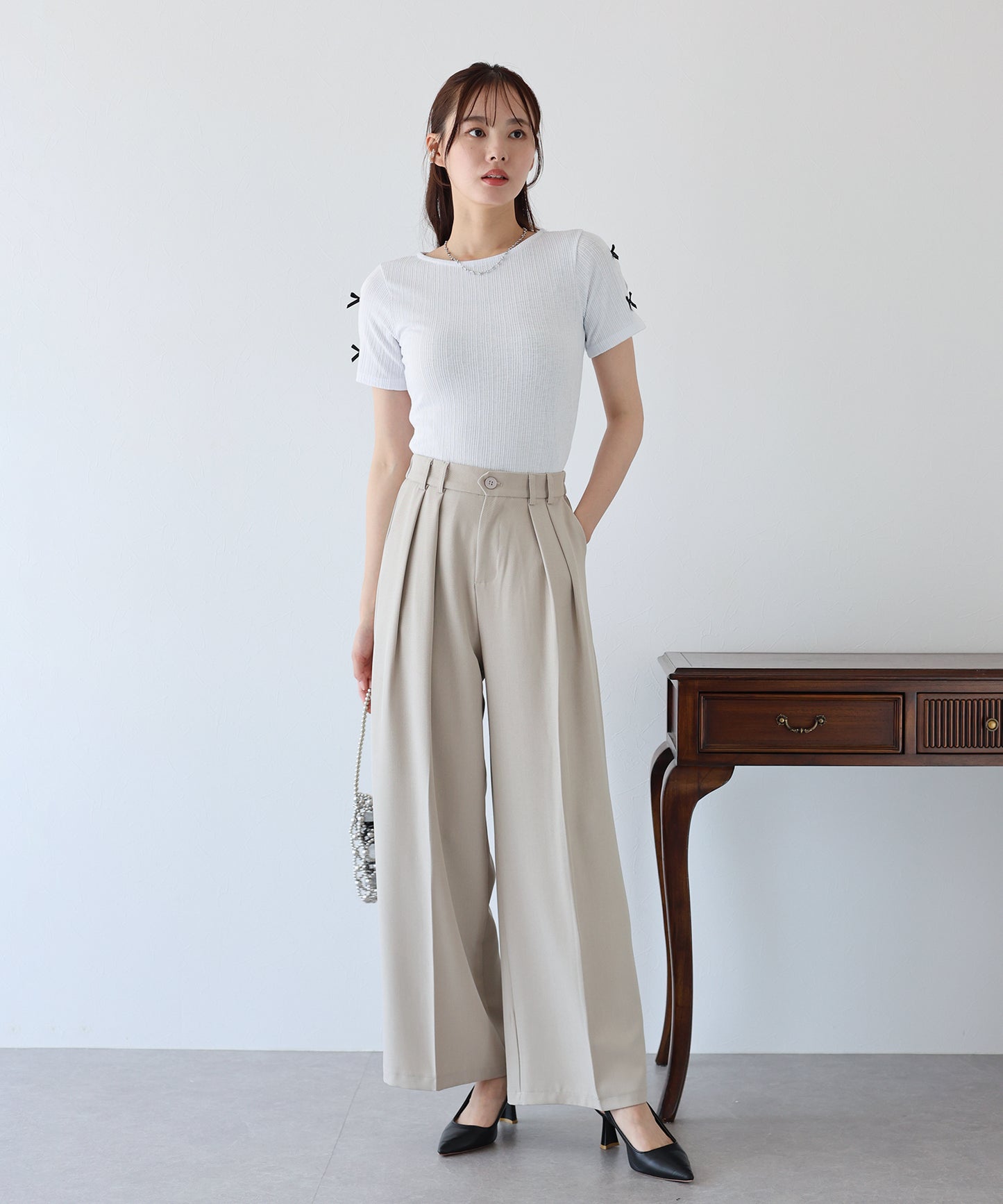 【SALE】袖リボンクロップドリブトップス【ネコポス】