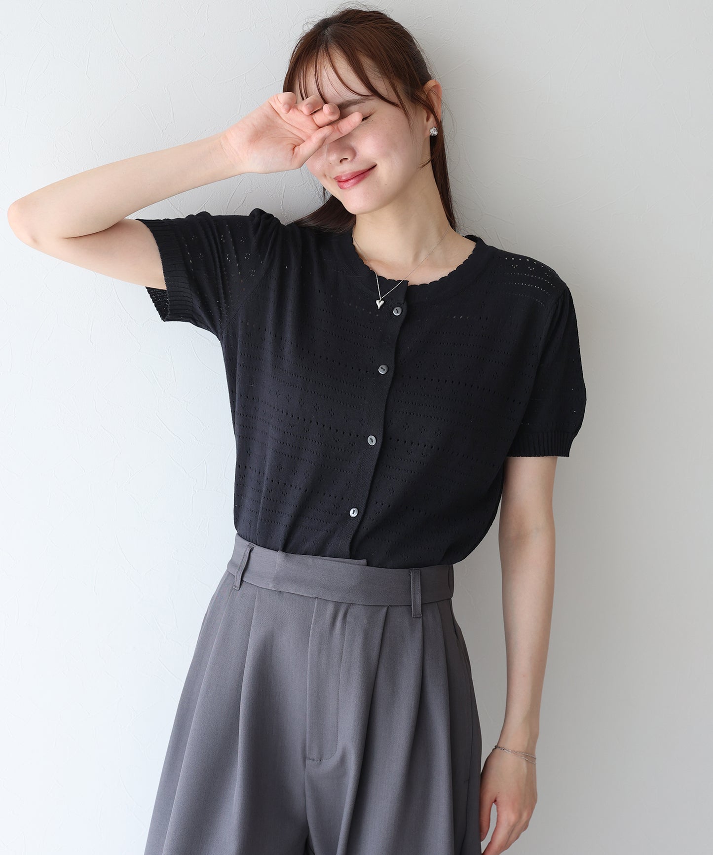 【SALE】透かし編み半袖ニットカーディガン【ネコポス】