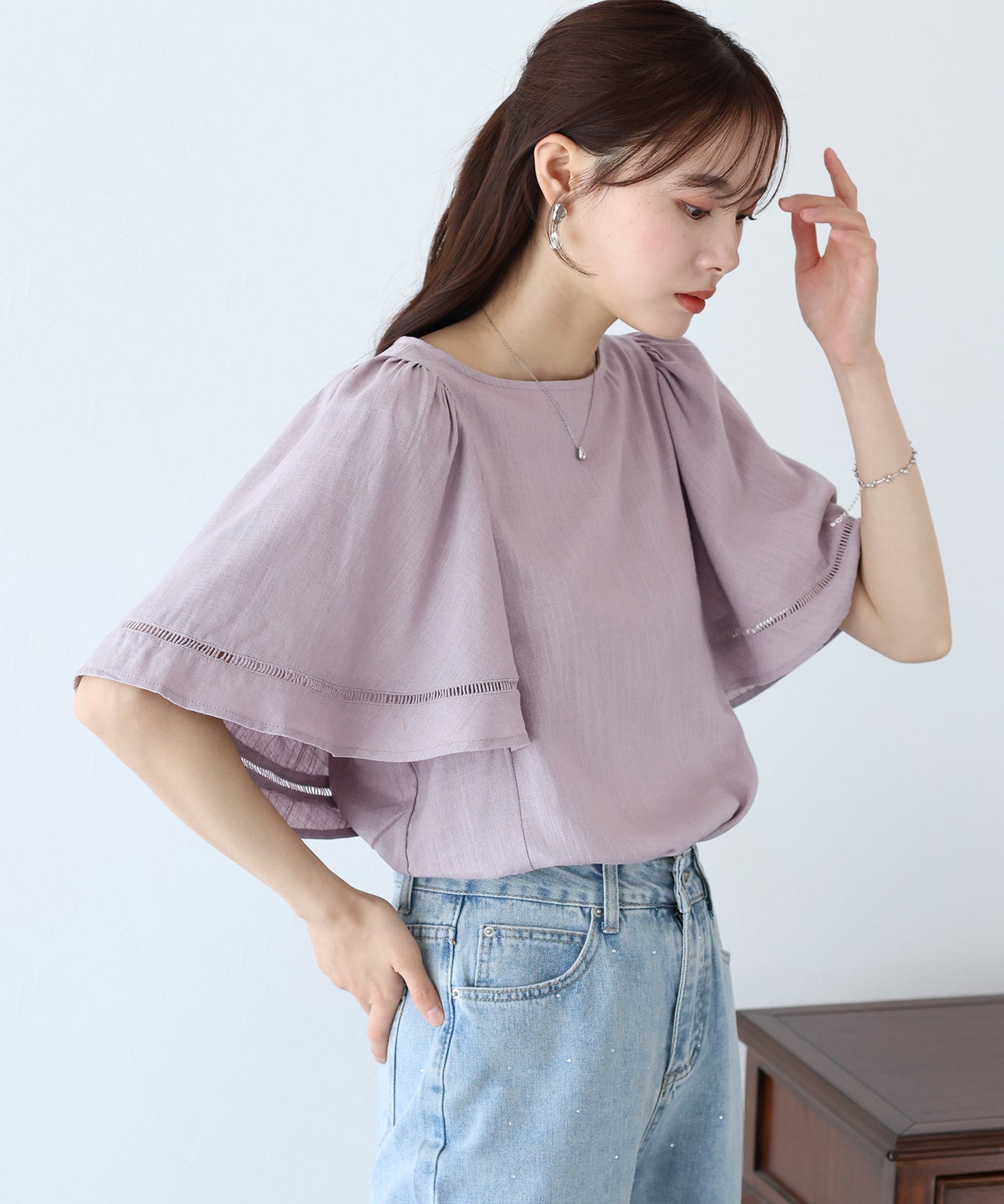 【SALE】ケープ袖リネンブラウス【ネコポス】