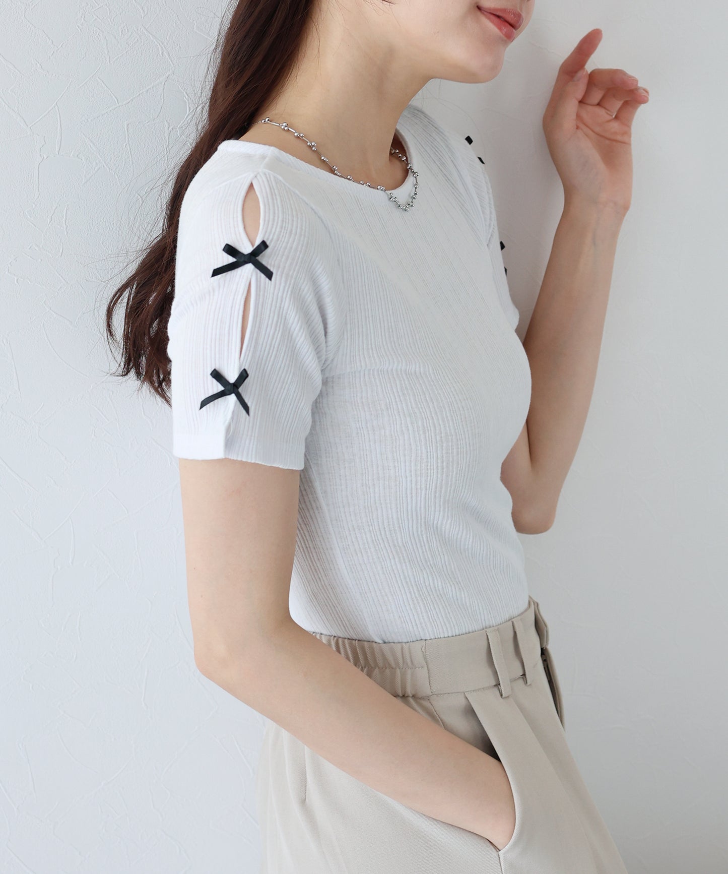 【SALE】袖リボンクロップドリブトップス【ネコポス】