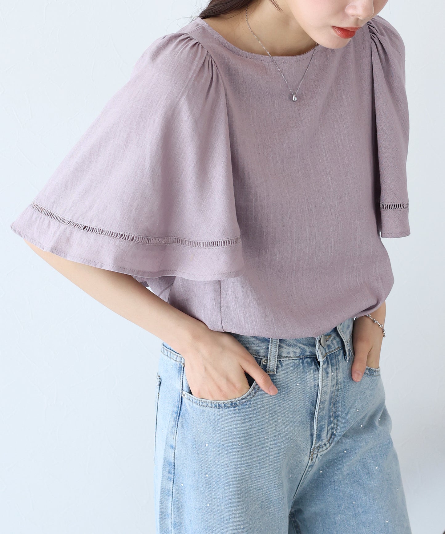 【SALE】ケープ袖リネンブラウス【ネコポス】