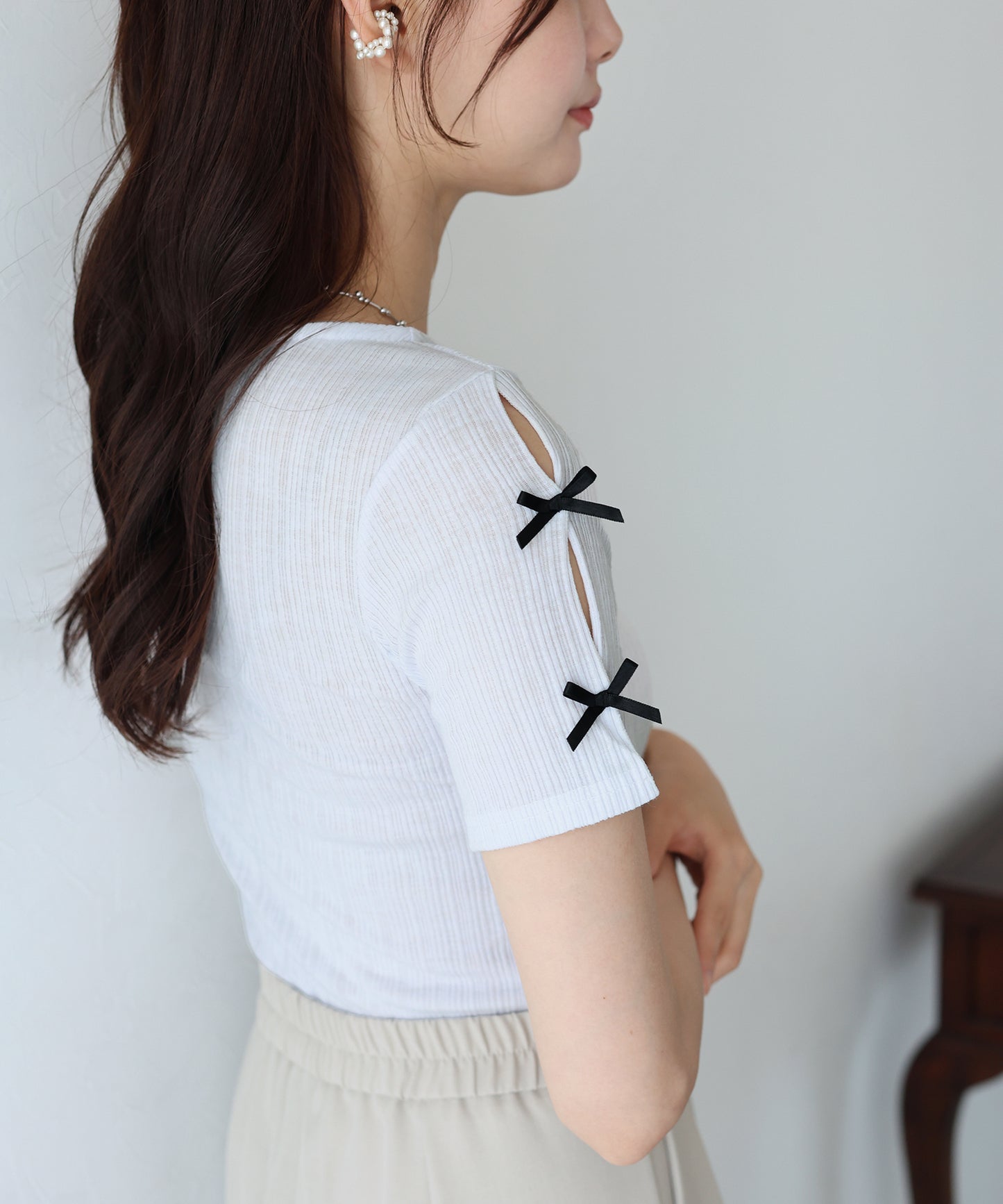 【SALE】袖リボンクロップドリブトップス【ネコポス】