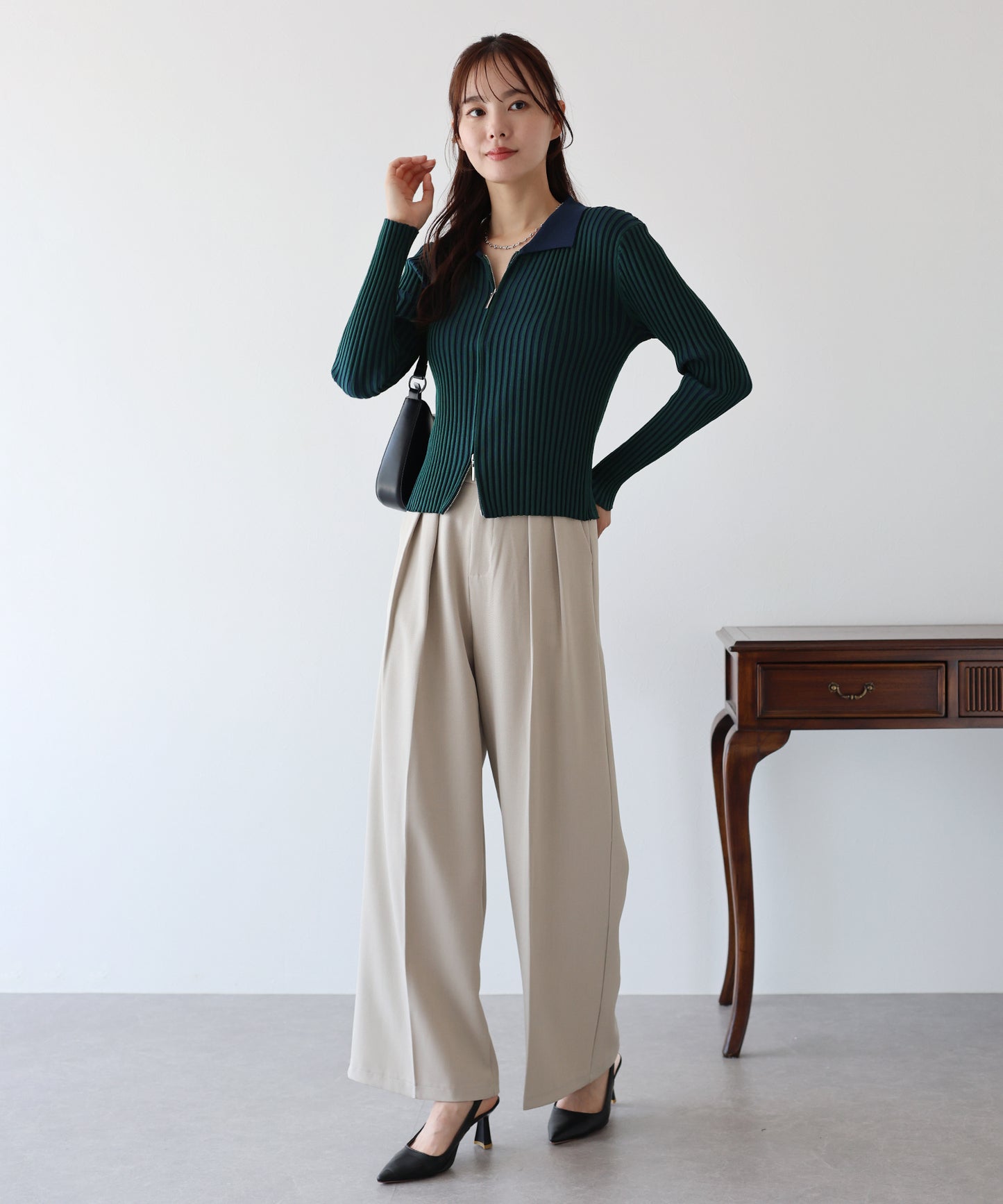 【SALE】バイカラーポロ襟Wジップカーディガン