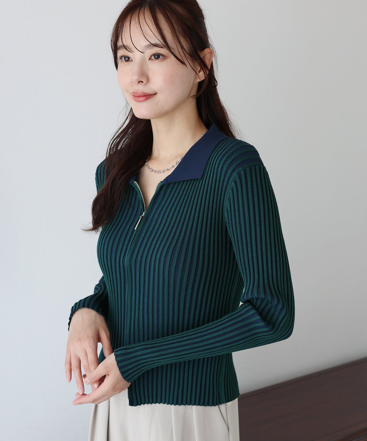 【SALE】バイカラーポロ襟Wジップカーディガン