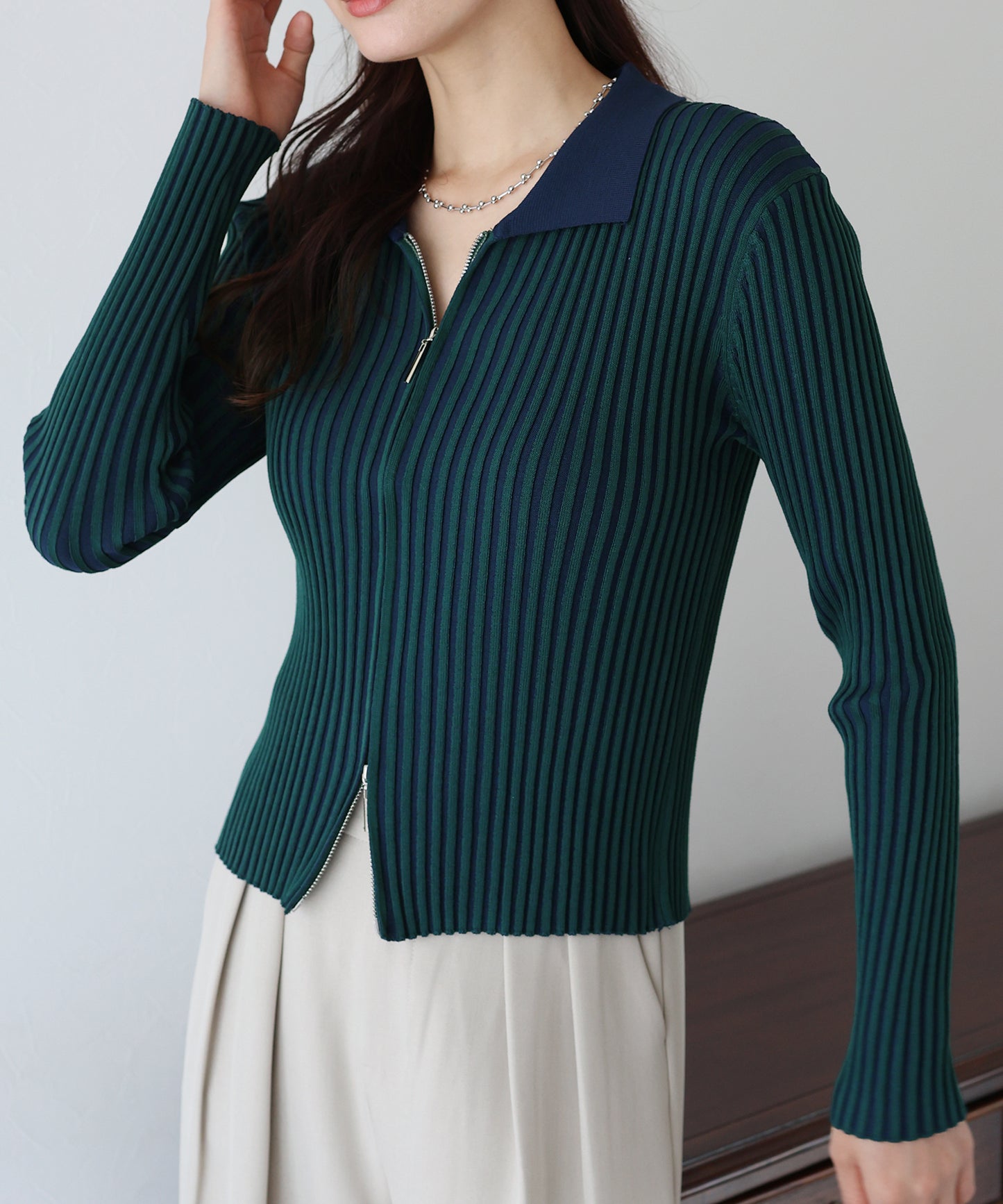 【SALE】バイカラーポロ襟Wジップカーディガン