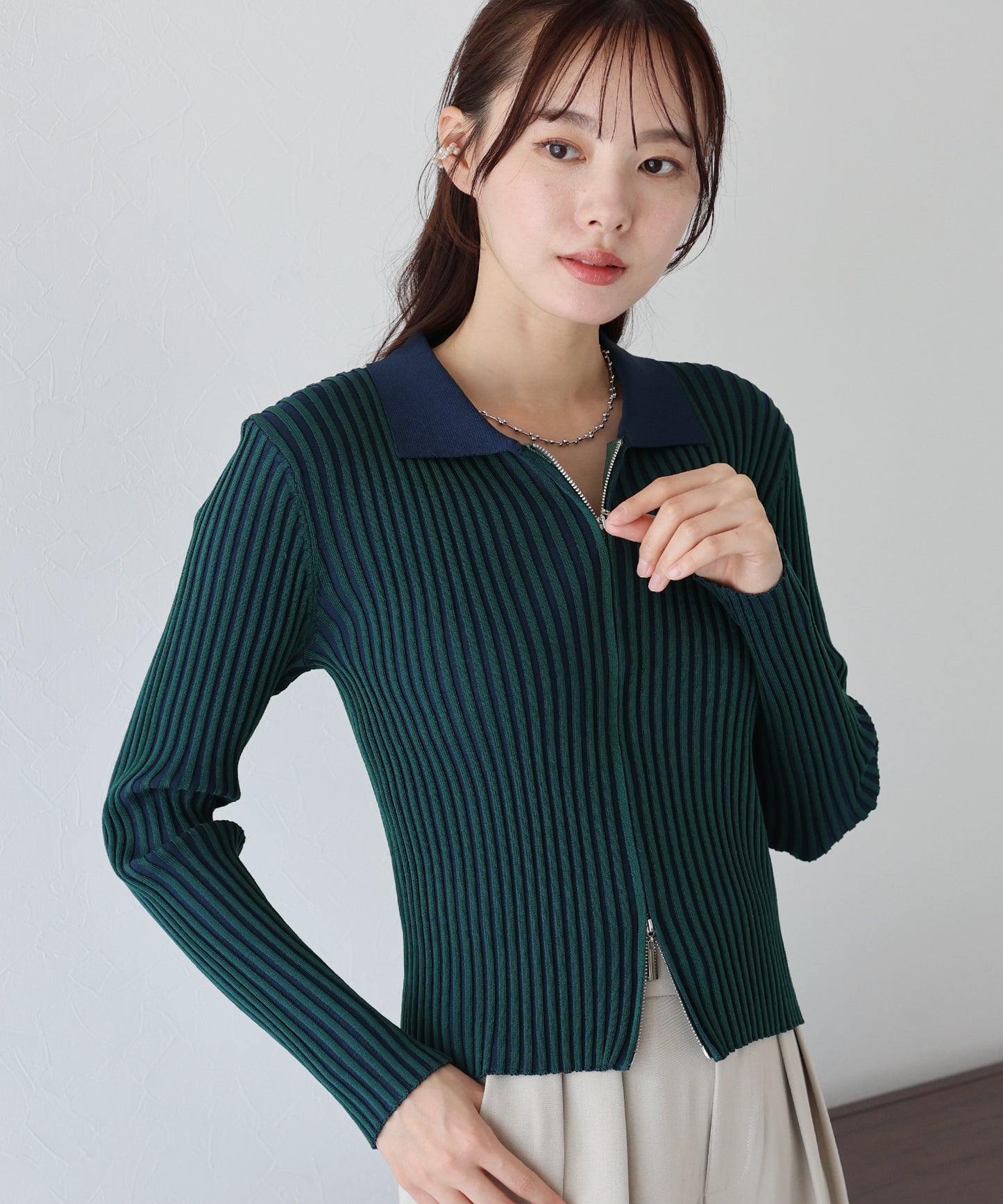 【SALE】バイカラーポロ襟Wジップカーディガン