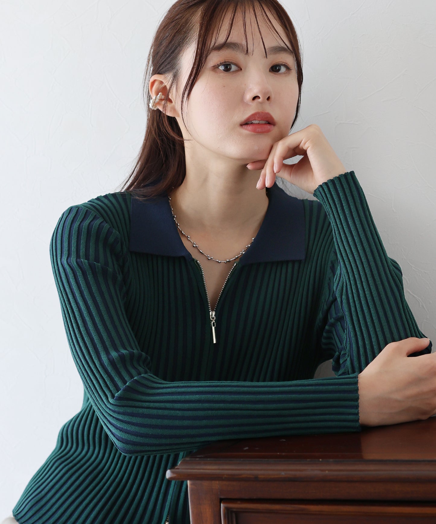 【SALE】バイカラーポロ襟Wジップカーディガン