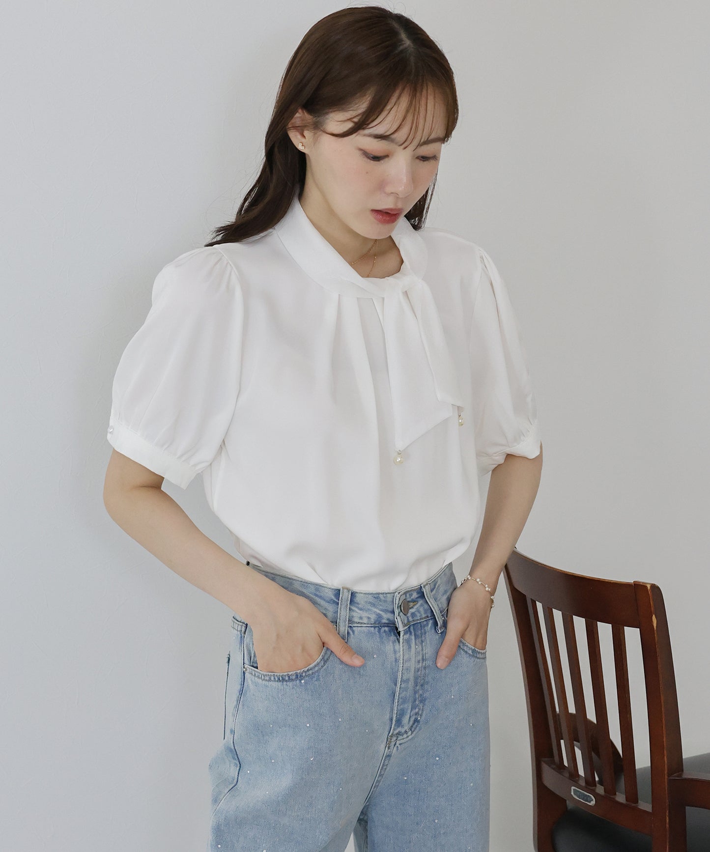 【TIME SALE】パール付きボウタイブラウス