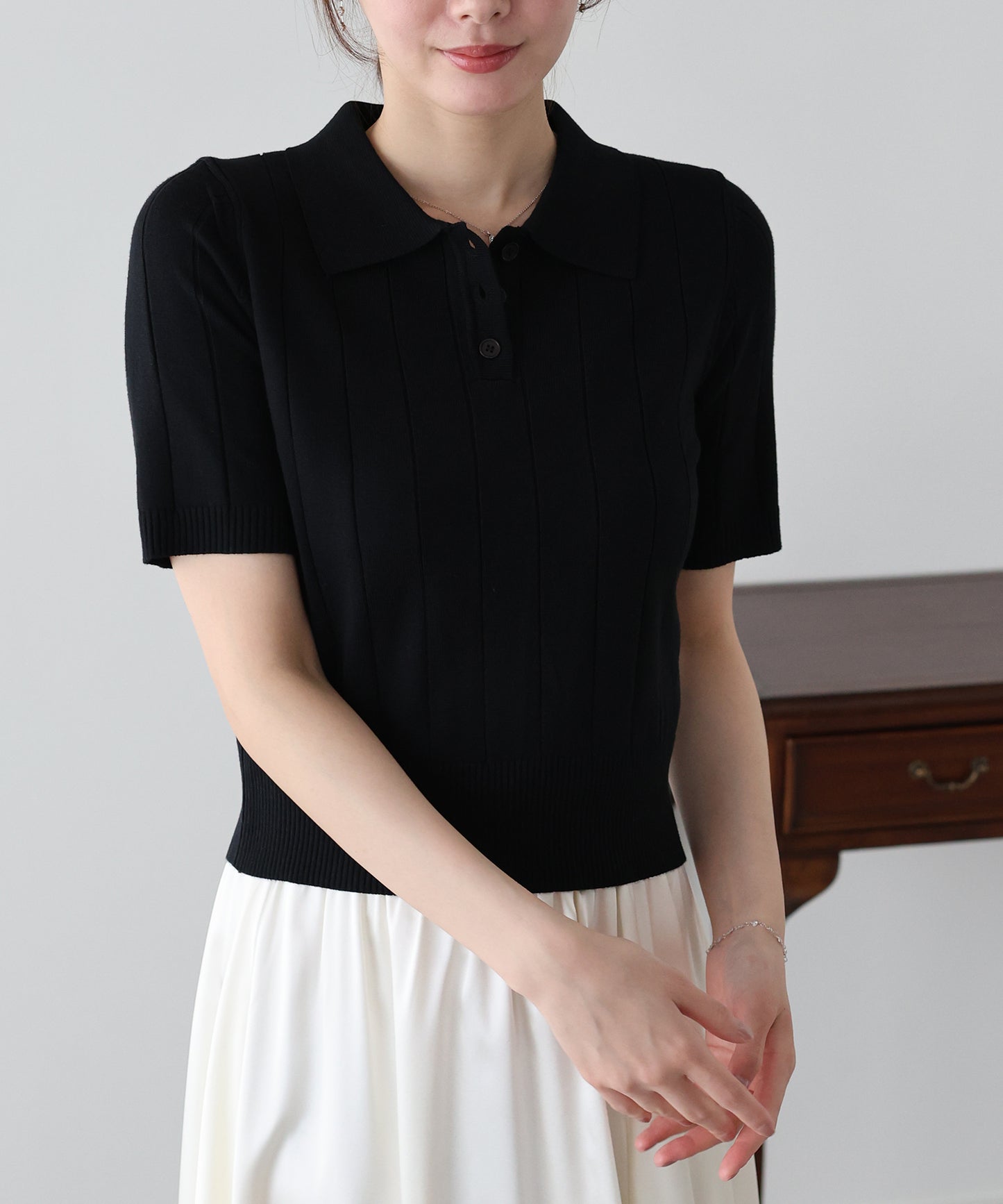 5分袖サマーワイドリブポロニットトップス