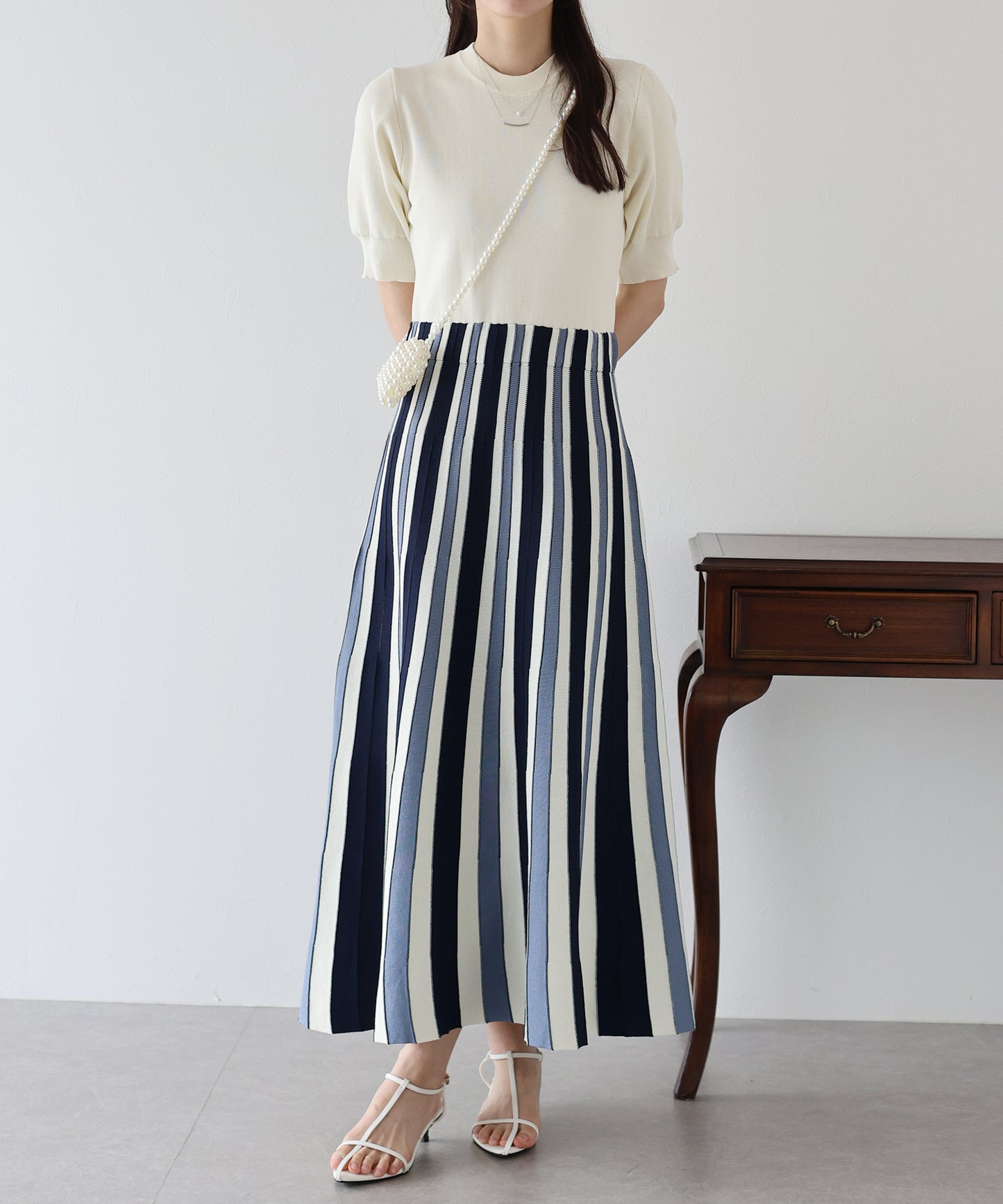 【SALE】配色ストライプニットスカートドッキングワンピース