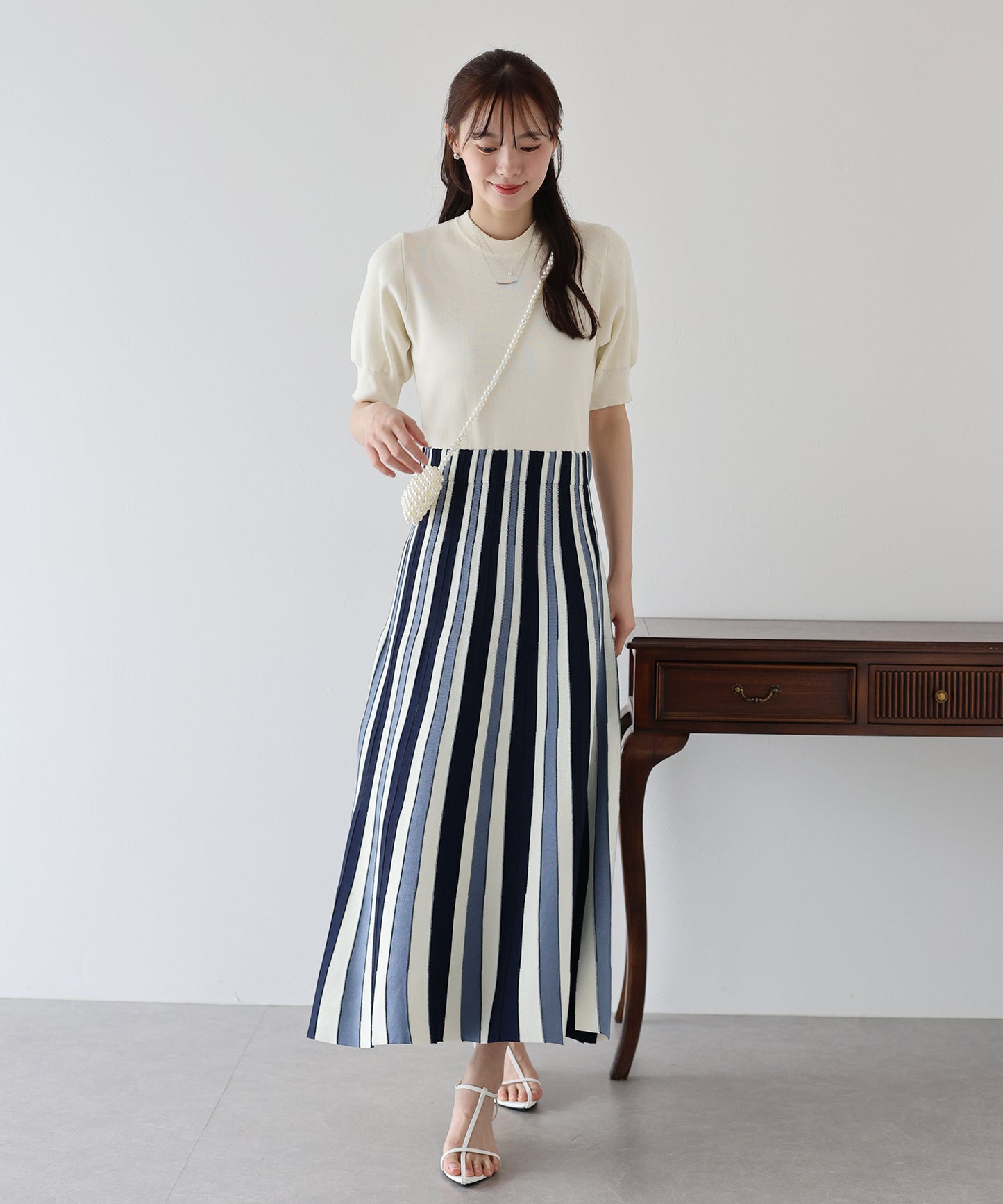 【SALE】配色ストライプニットスカートドッキングワンピース
