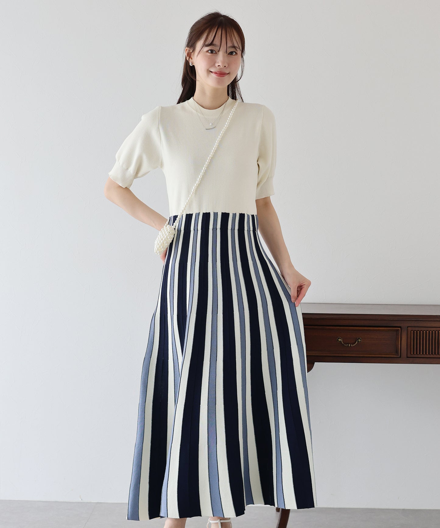 【SALE】配色ストライプニットスカートドッキングワンピース