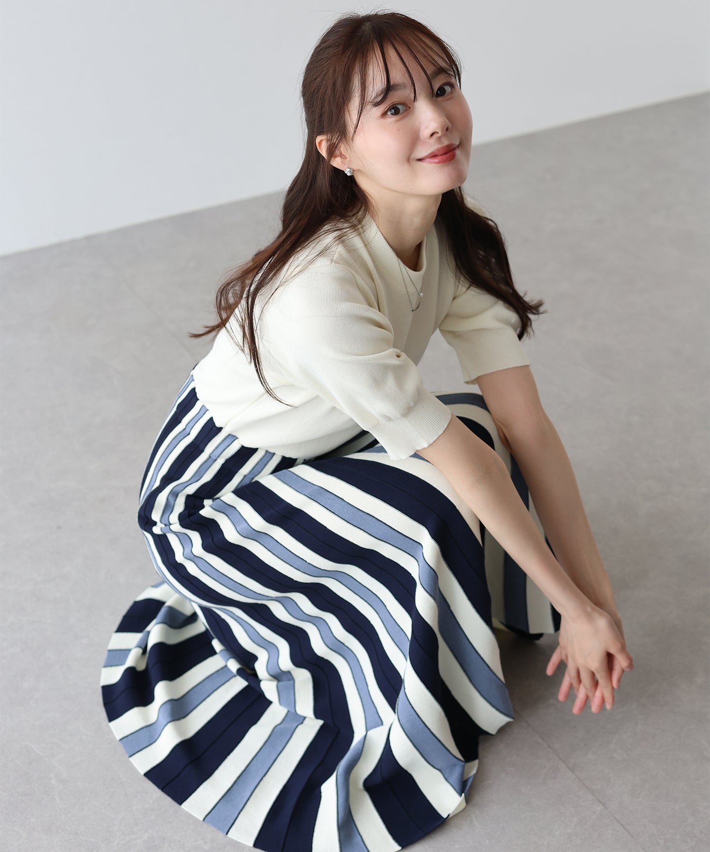 【SALE】配色ストライプニットスカートドッキングワンピース