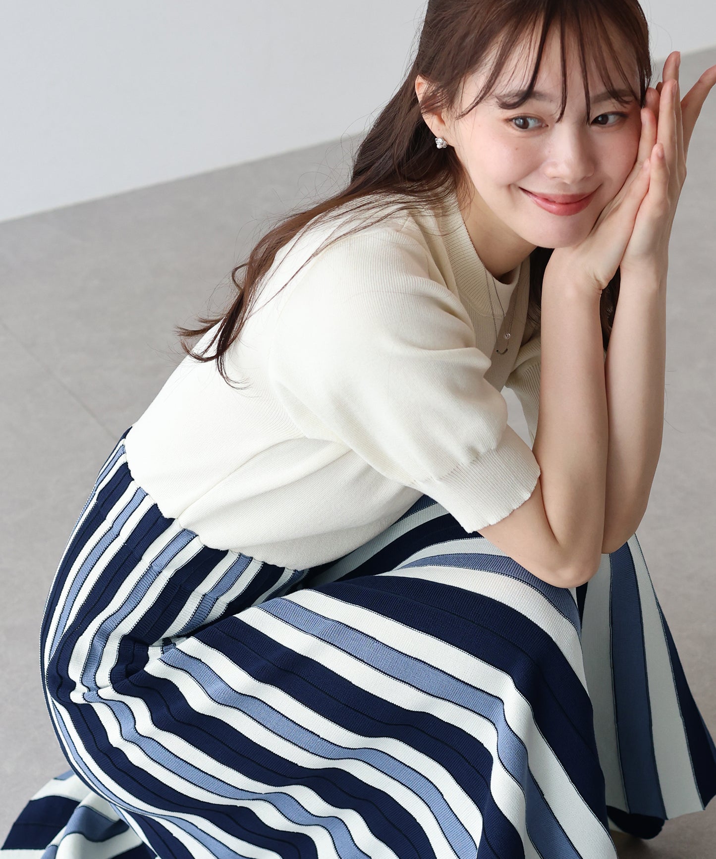 【SALE】配色ストライプニットスカートドッキングワンピース