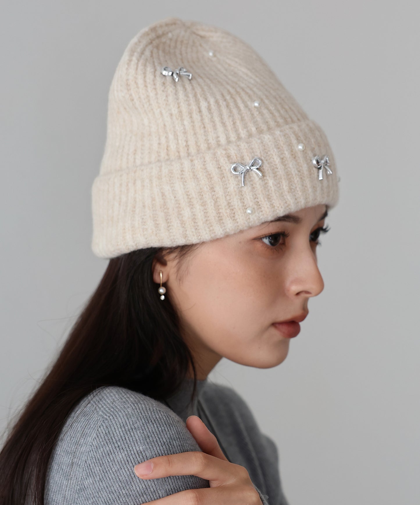 【SALE】パールリボンニット帽