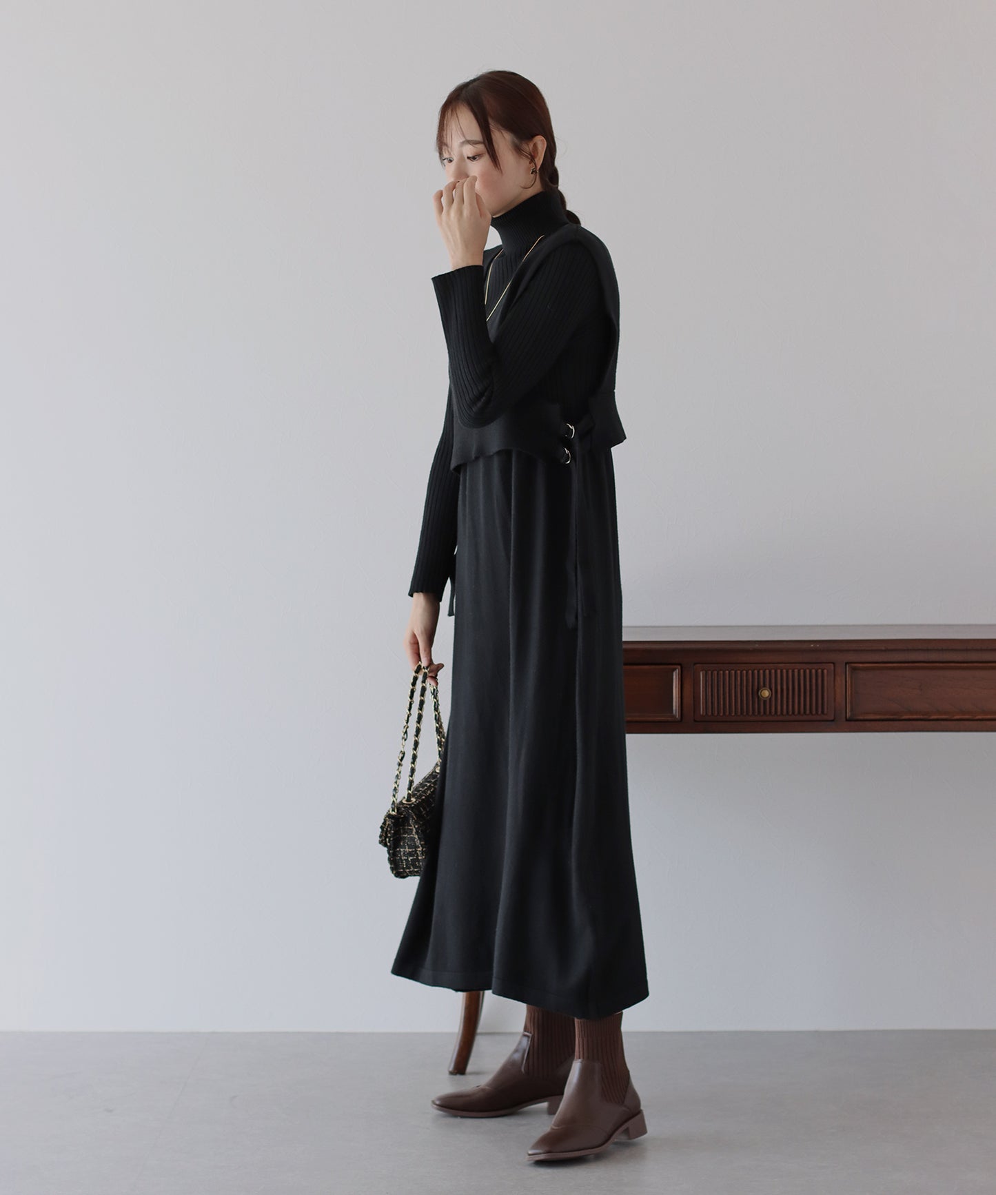 【TIME SALE】ニットビスチェ&タートルネックリブニットワンピース セットアップ
