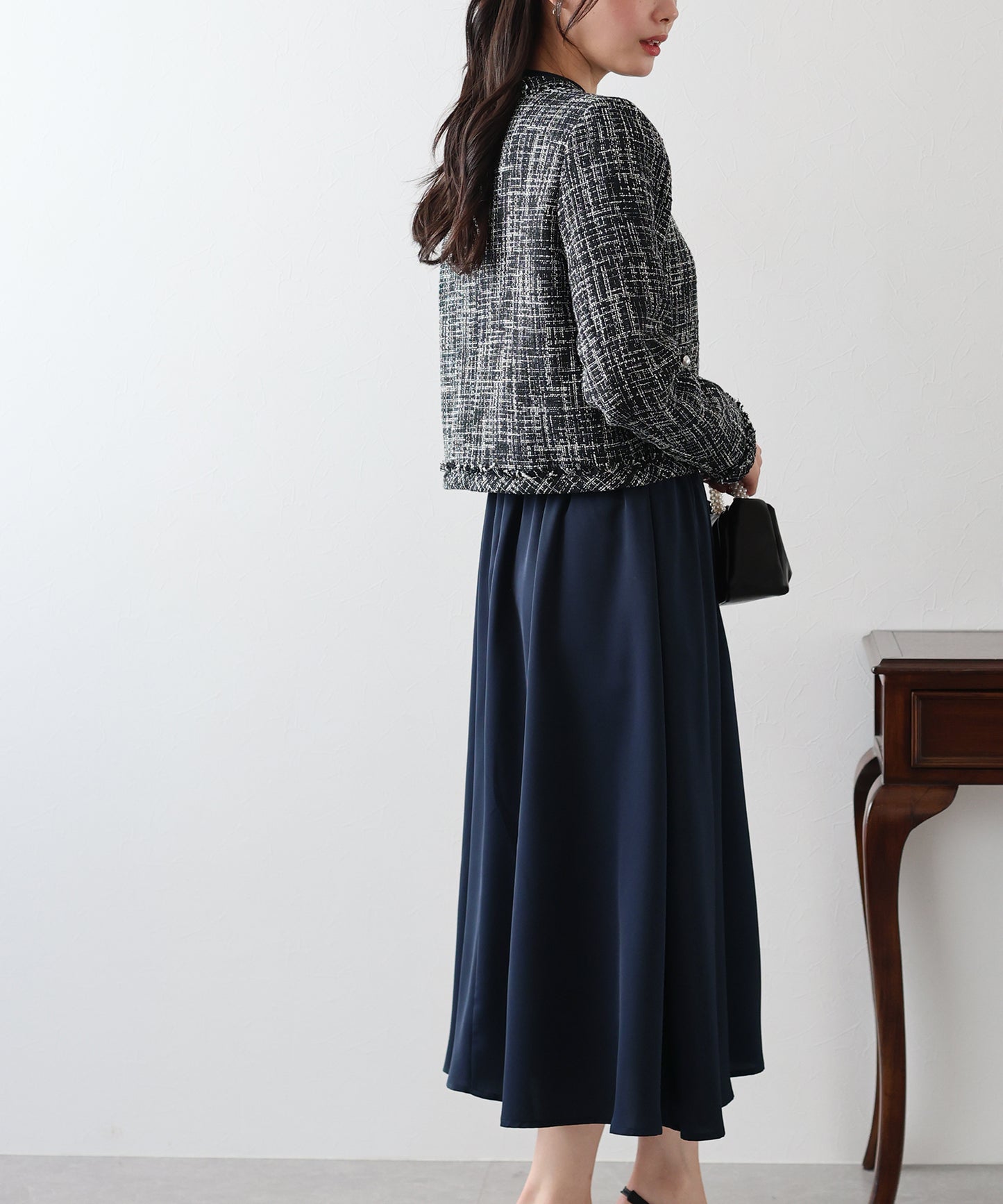 【SALE】ミックスツイードノーカラージャケットxスタンドカラータックワンピース