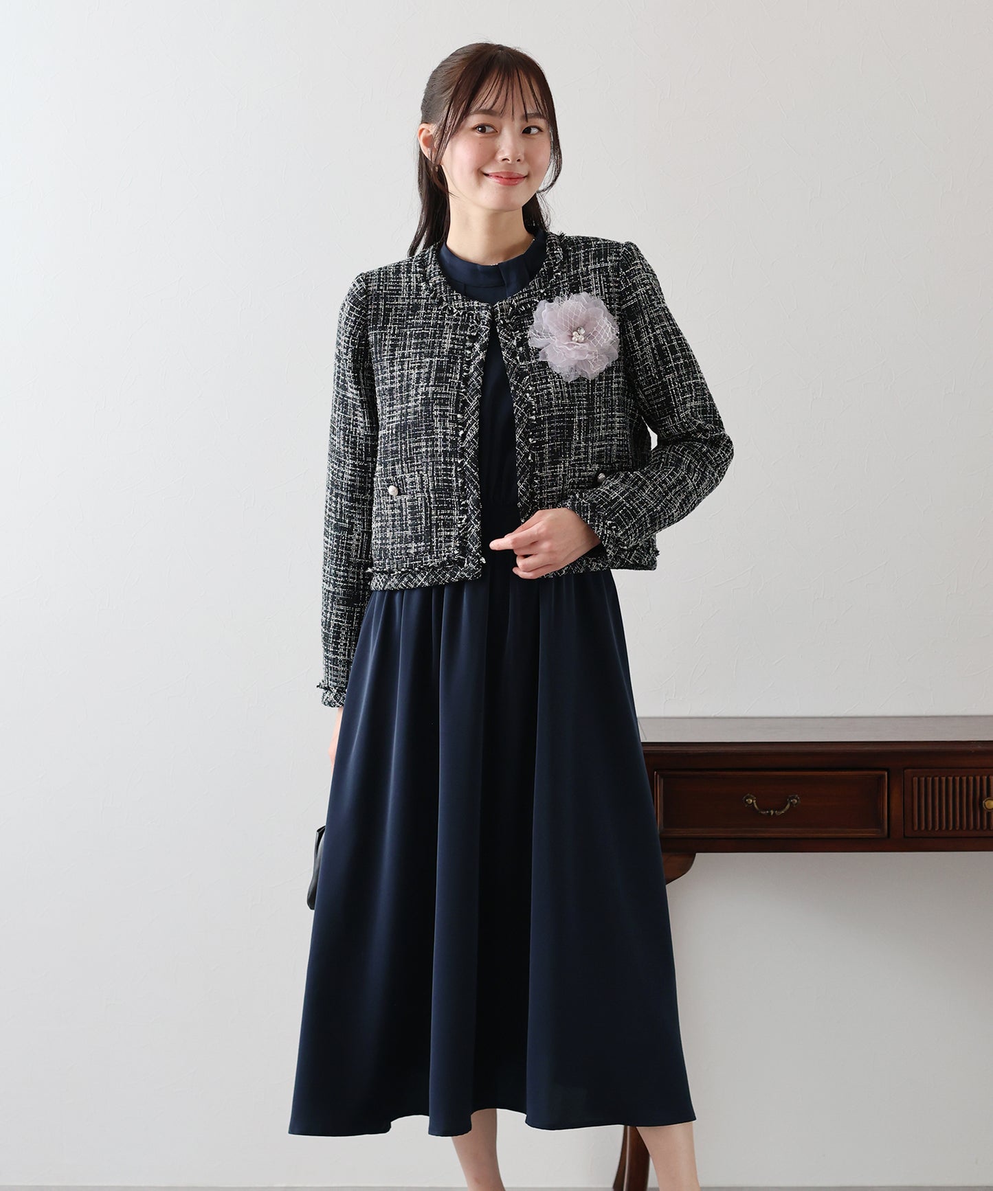 【SALE】ミックスツイードノーカラージャケットxスタンドカラータックワンピース