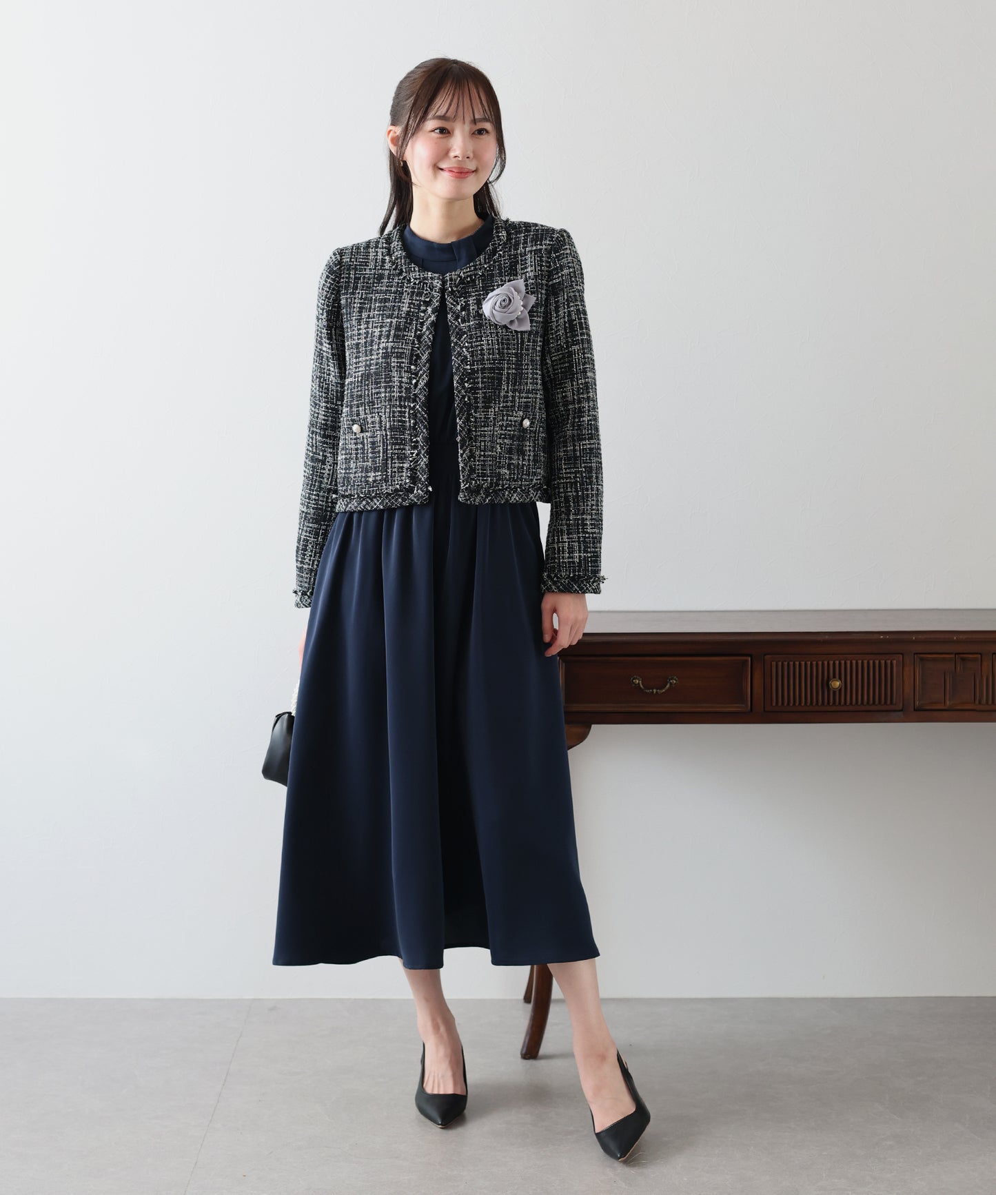 【SALE】ミックスツイードノーカラージャケットxスタンドカラータックワンピース