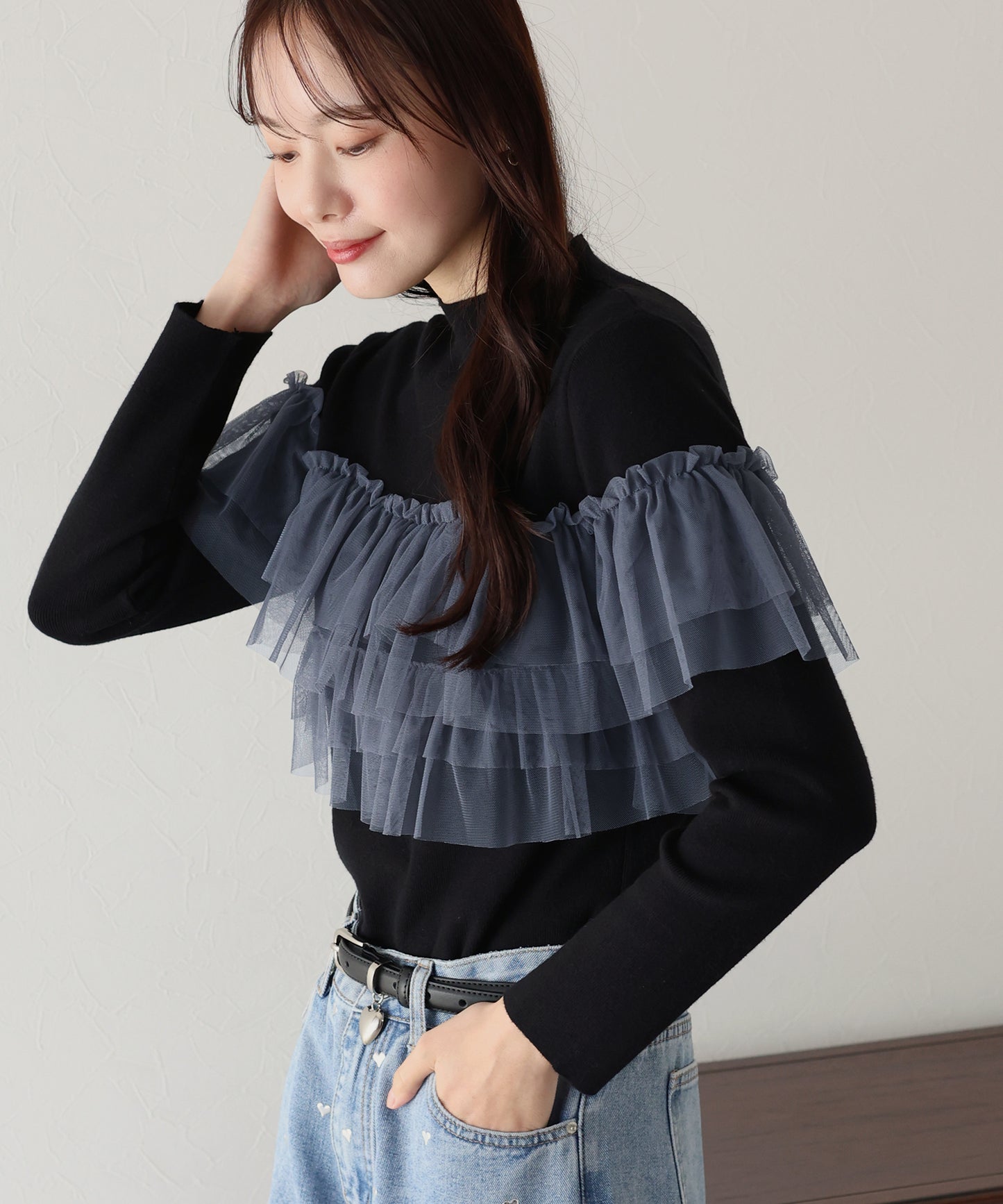 【TIME SALE】フリルチュール長袖ニット