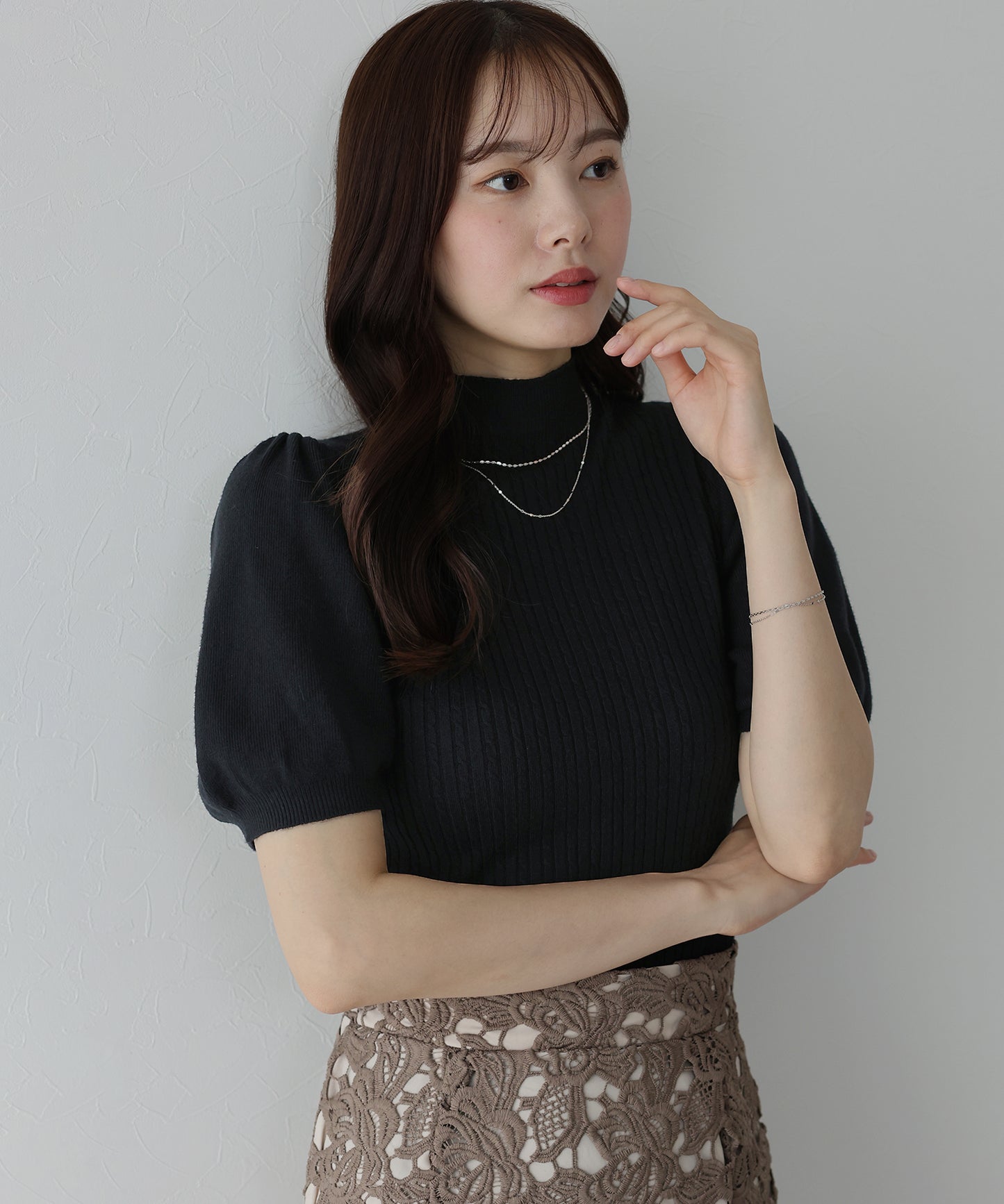 【SALE】パフスリーブ半袖ミニケーブルニット