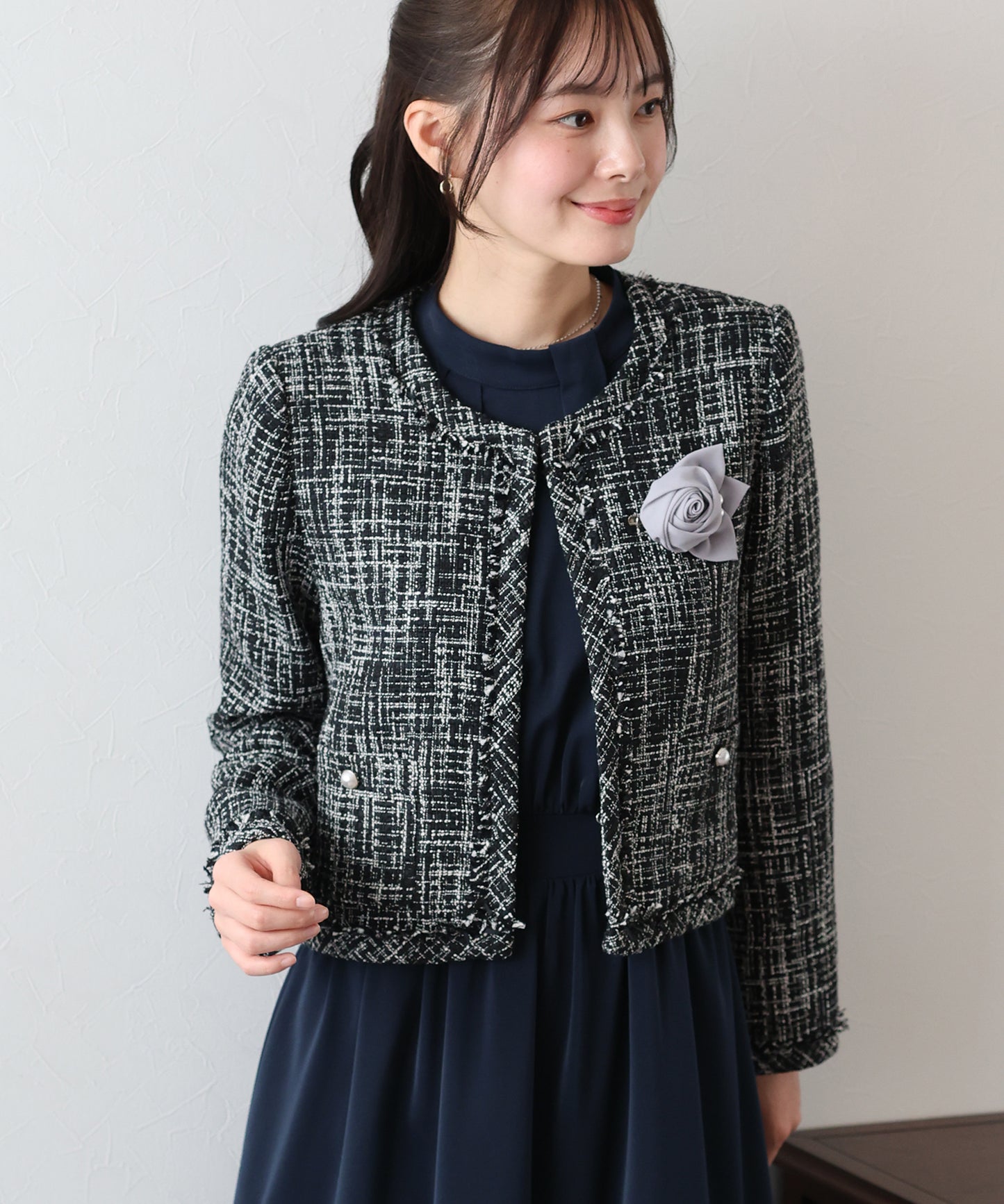 【SALE】ミックスツイードノーカラージャケットxスタンドカラータックワンピース