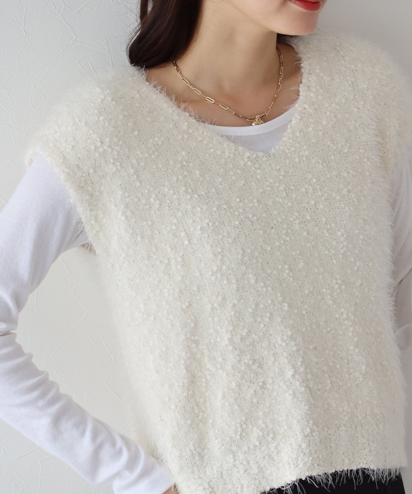 【SALE】ぽこぽこVネックシャギーニットベスト