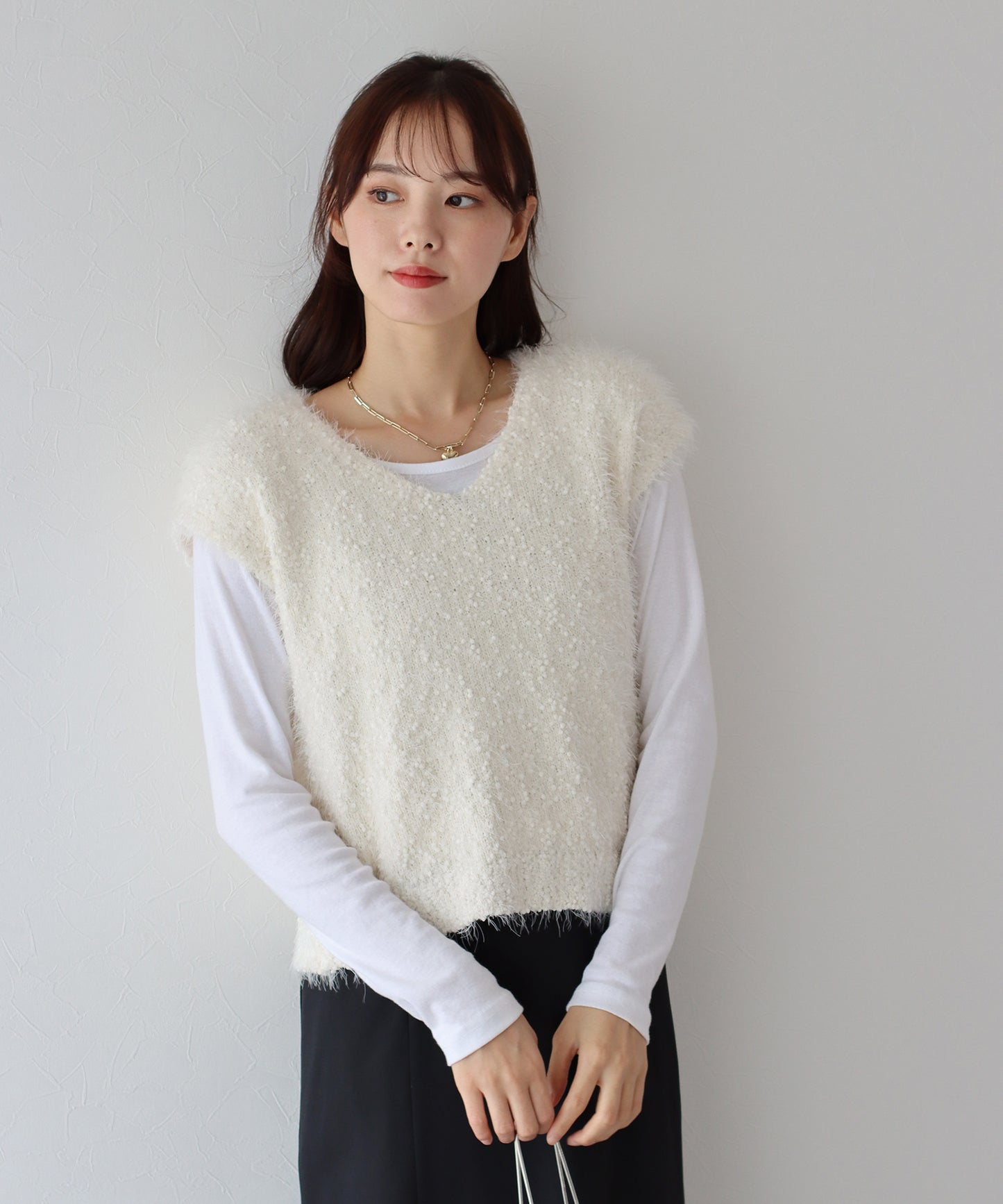 【SALE】ぽこぽこVネックシャギーニットベスト
