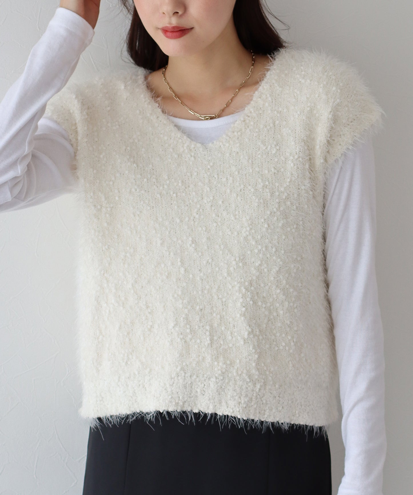 【SALE】ぽこぽこVネックシャギーニットベスト