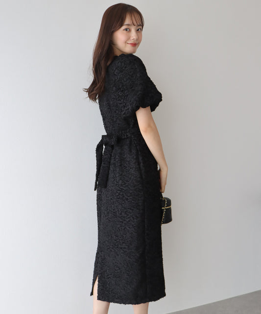 バルーンスリーブ オーガンジー袖&ジャガード&ベロアワンピース