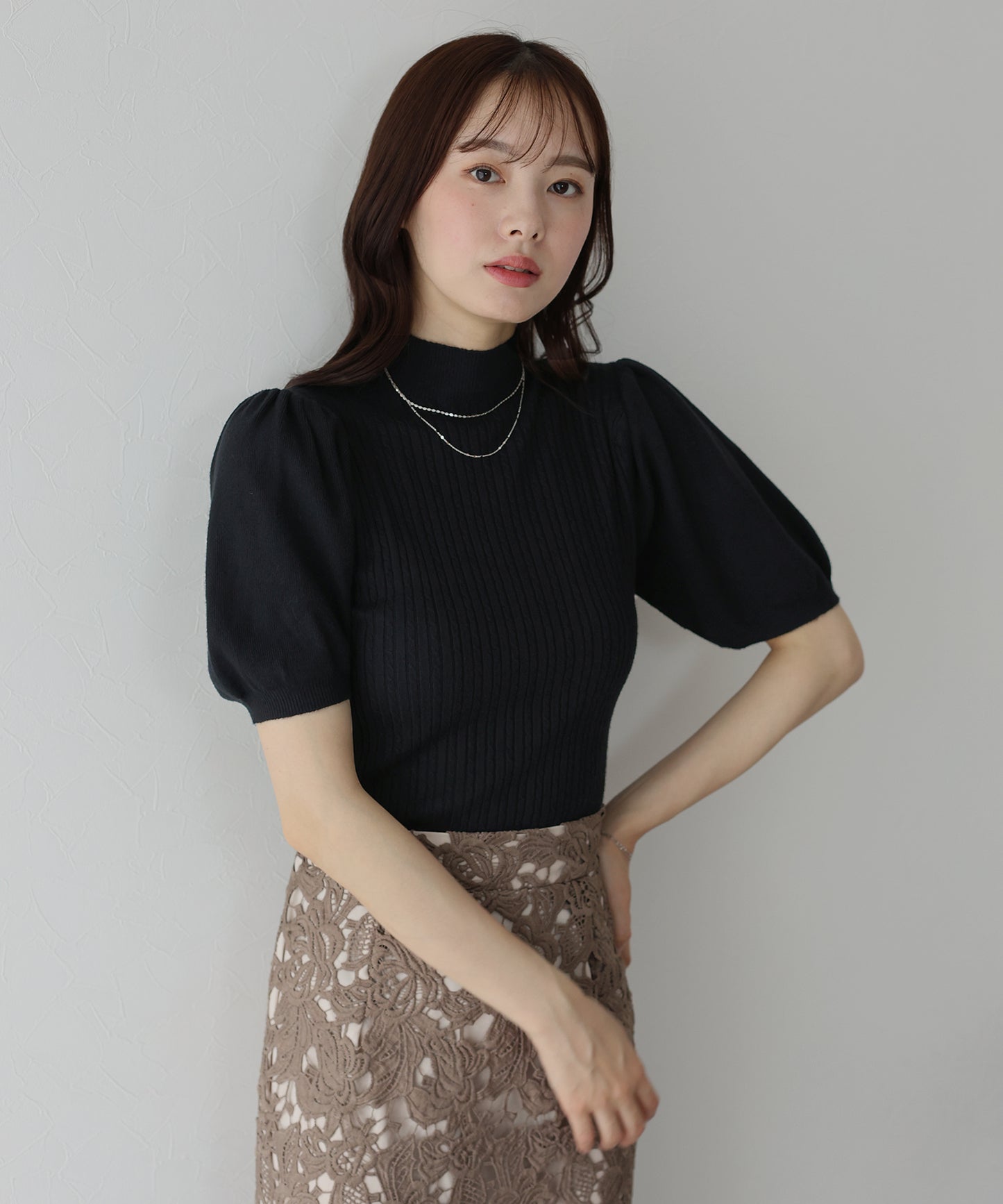 【SALE】パフスリーブ半袖ミニケーブルニット