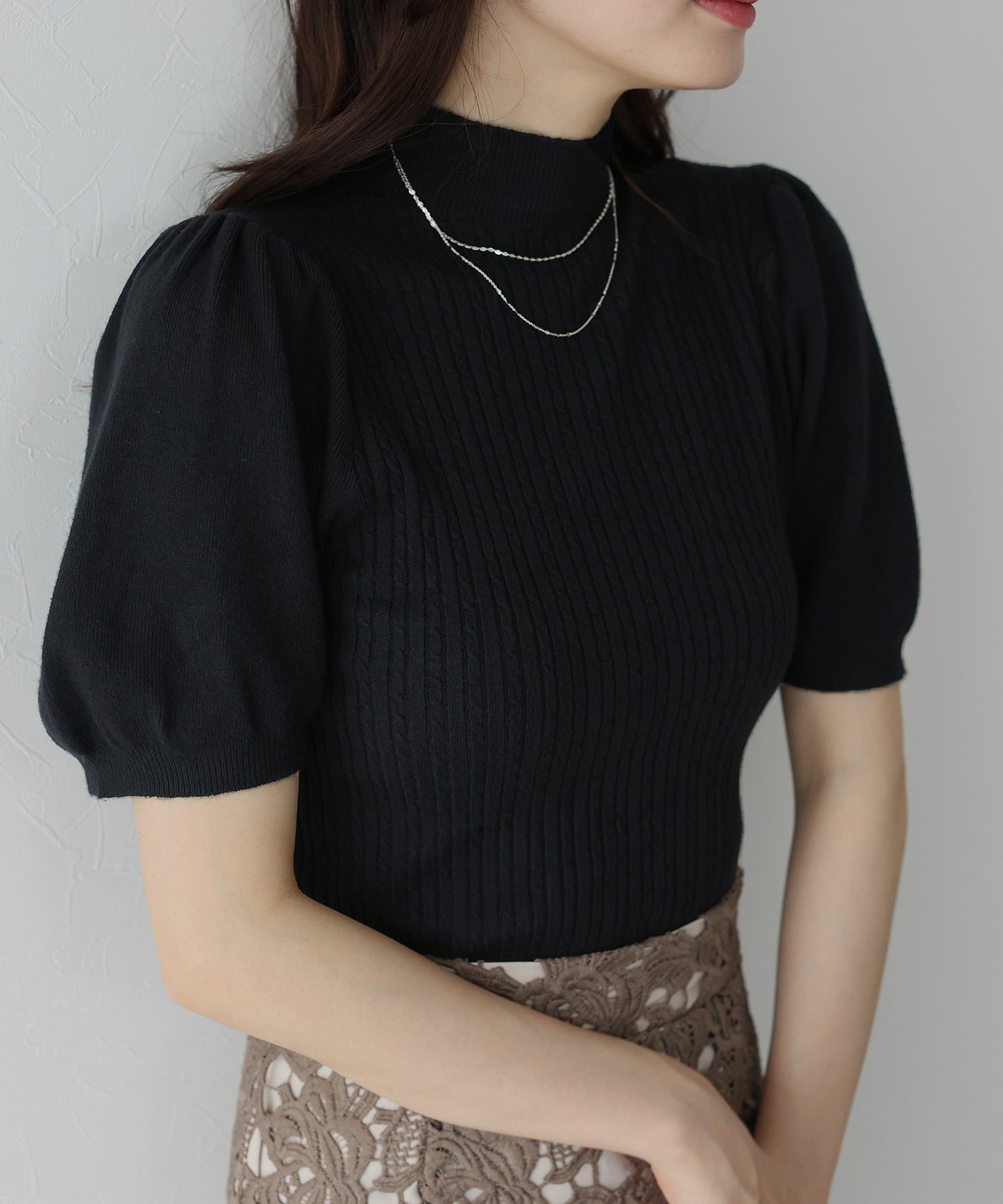 【SALE】パフスリーブ半袖ミニケーブルニット