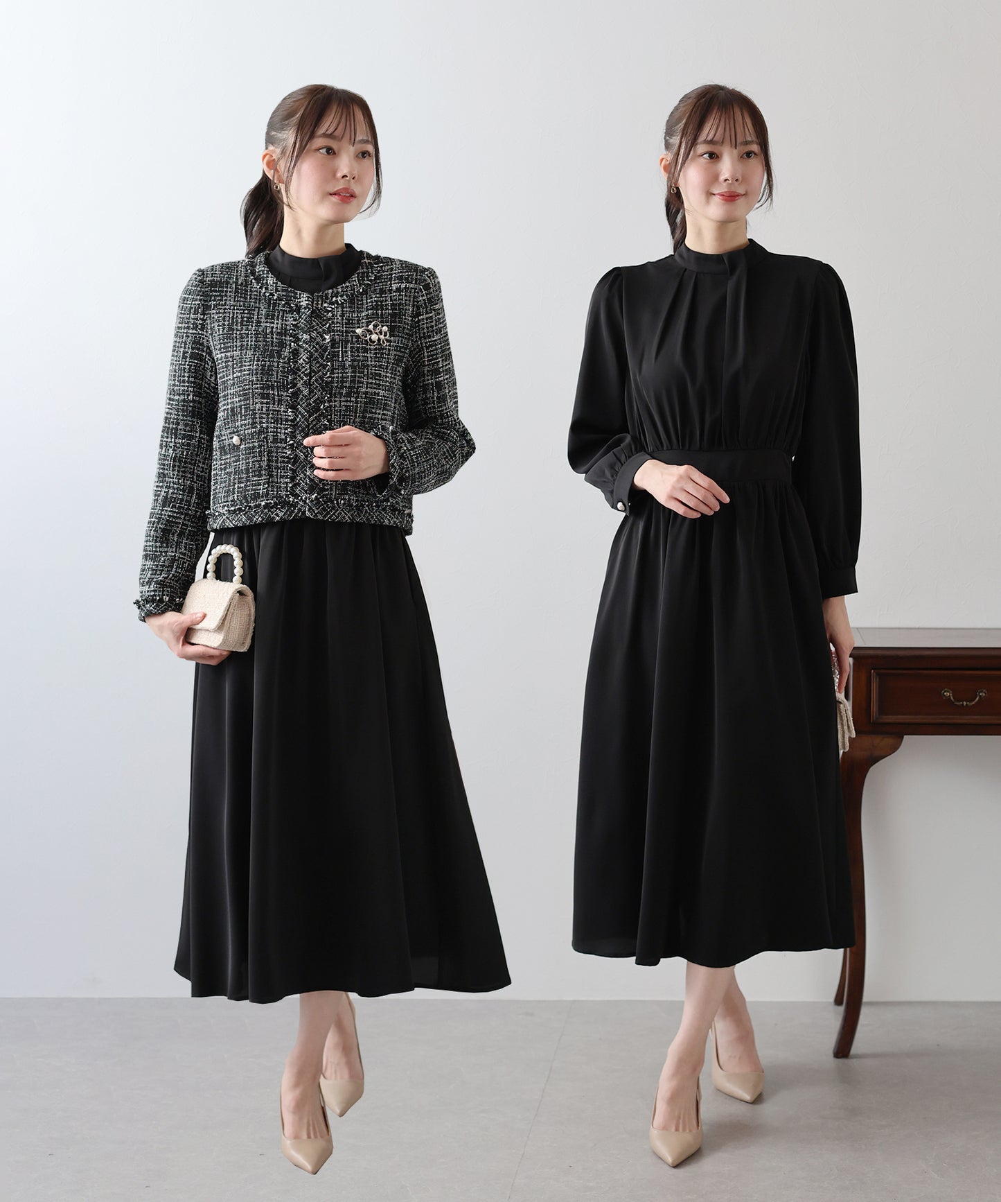 【SALE】ミックスツイードノーカラージャケットxスタンドカラータックワンピース