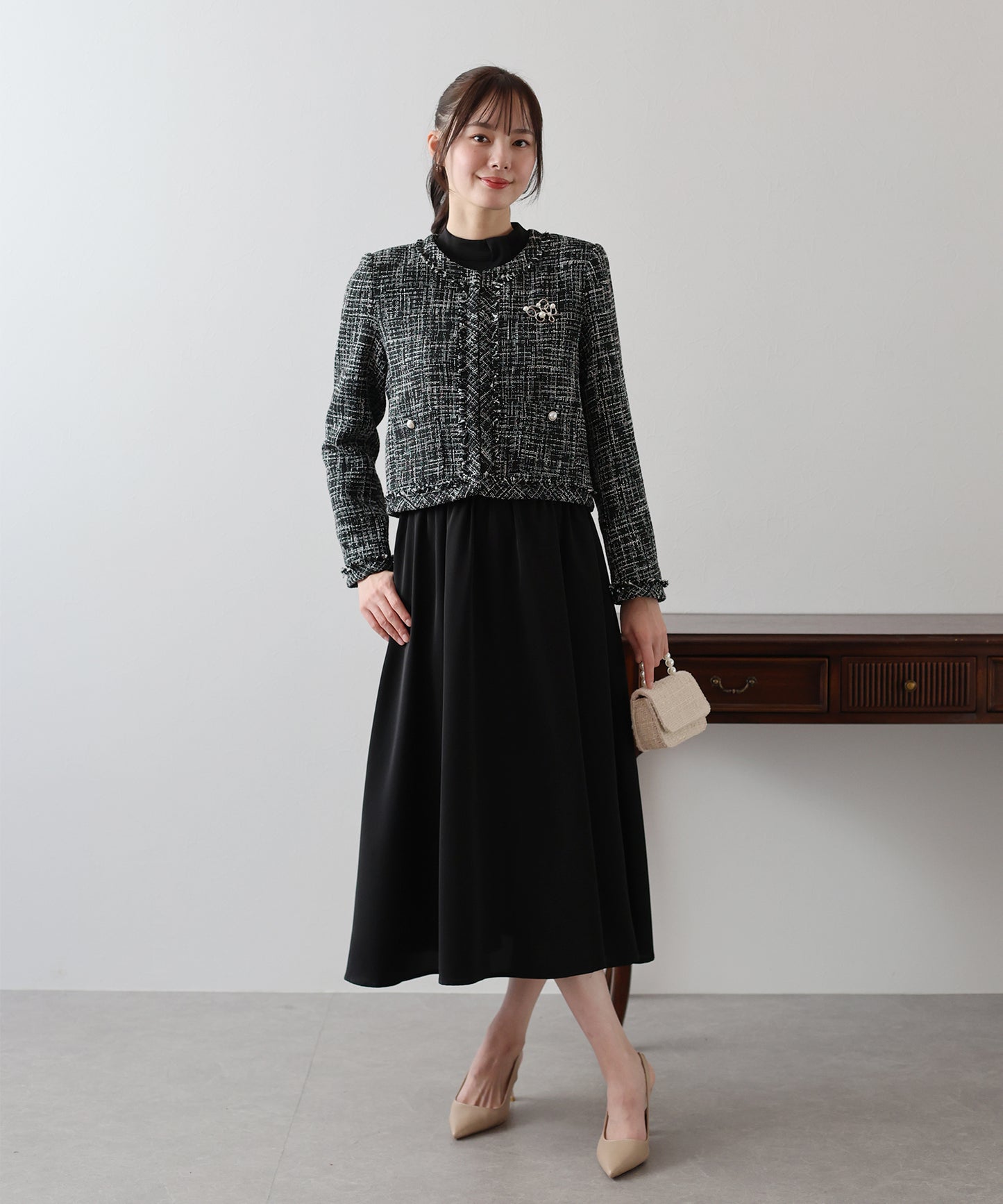 【SALE】ミックスツイードノーカラージャケットxスタンドカラータックワンピース