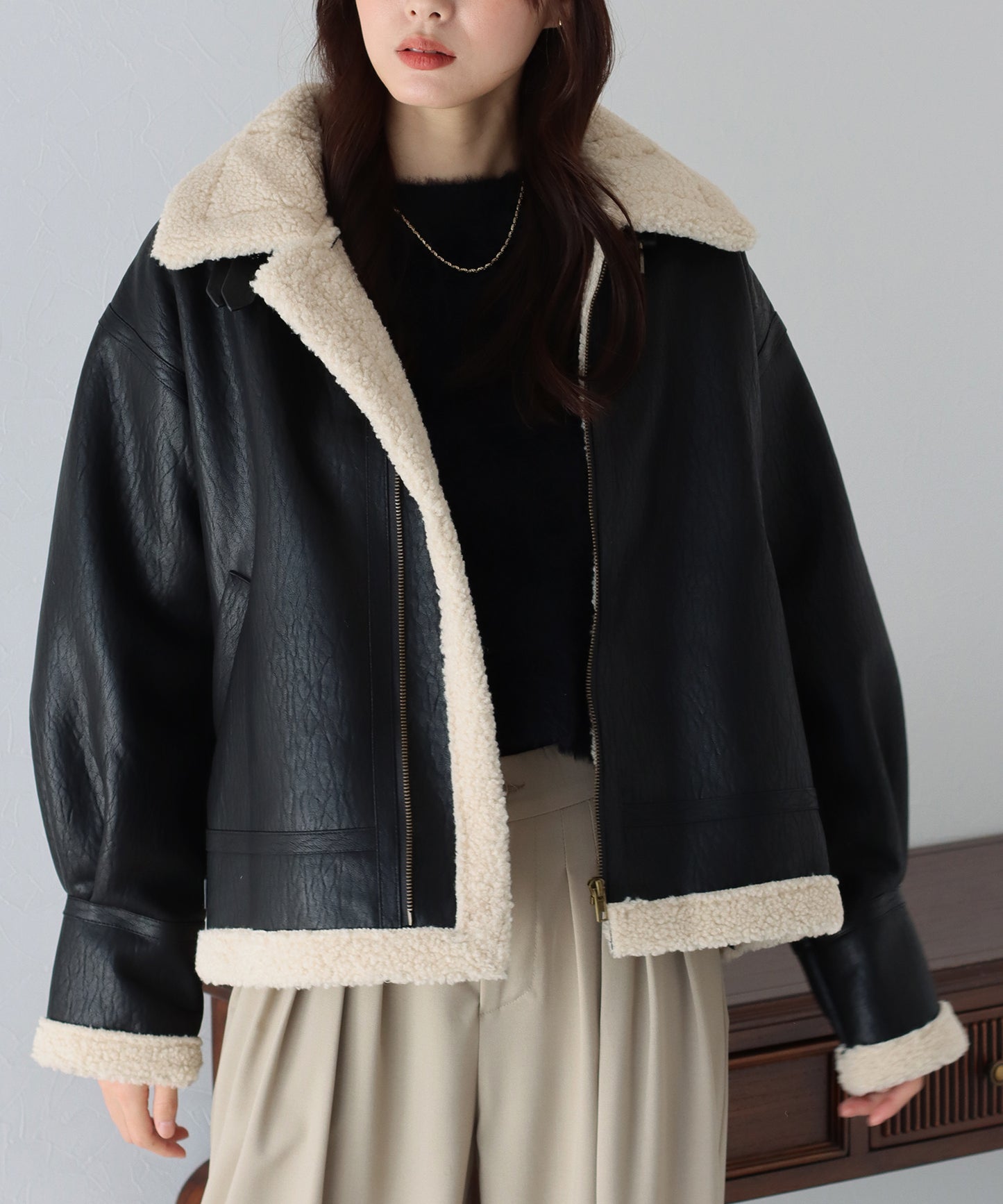 【TIME SALE】フェイクレザーフライトボアジャケット